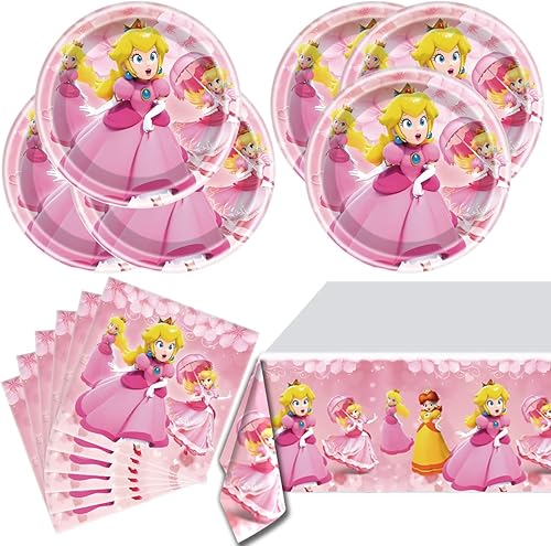 Suministros de fiesta para princesa melocotón, 20 platos, 20 servilletas y 1 mantel, decoración de melocotón princesa