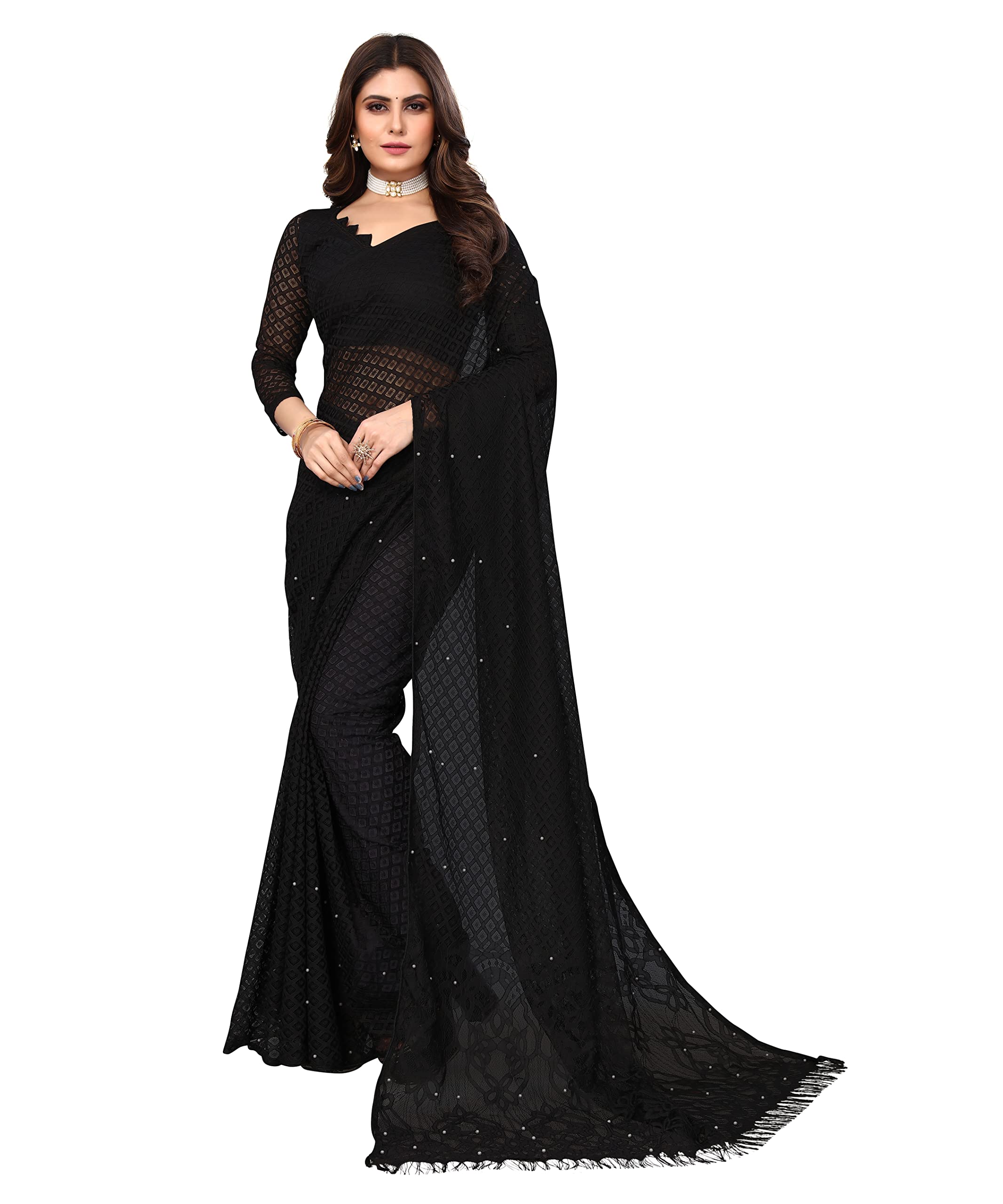 Tarshikawomen's Net Brasso Saree With Blouse Piece, Black01, One Size