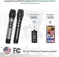 Vista 2 de Micrófono inalámbrico con Bluetooth, sistema de micrófono de metal dinámico de mano dual UHF profesional con receptor recargable, rango de 160 pies