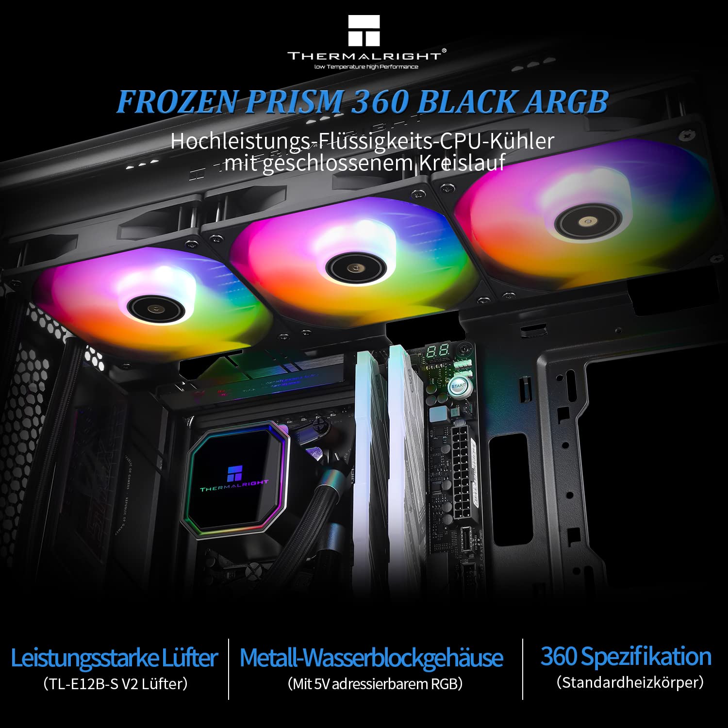 Thermalright Frozen Prism 360 Black ARGB- Radiatore ad acqua CPU ARGB con doppia ventola PWM, velocità di rotazione 2800RPM, per AM4/AM5, Intel LGA1150/1155/1200/1700/1851