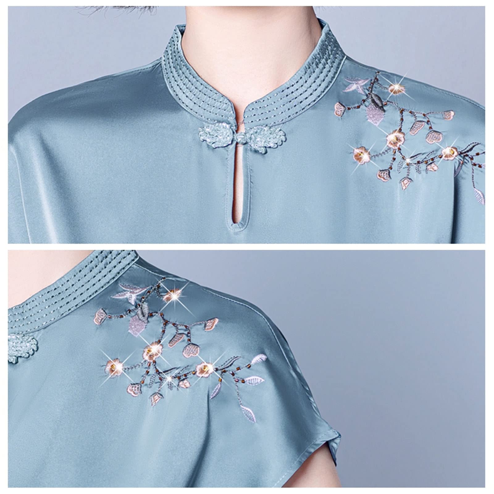 Chemisier vintage en satin brodé à motif floral pour femme, bleu, XL