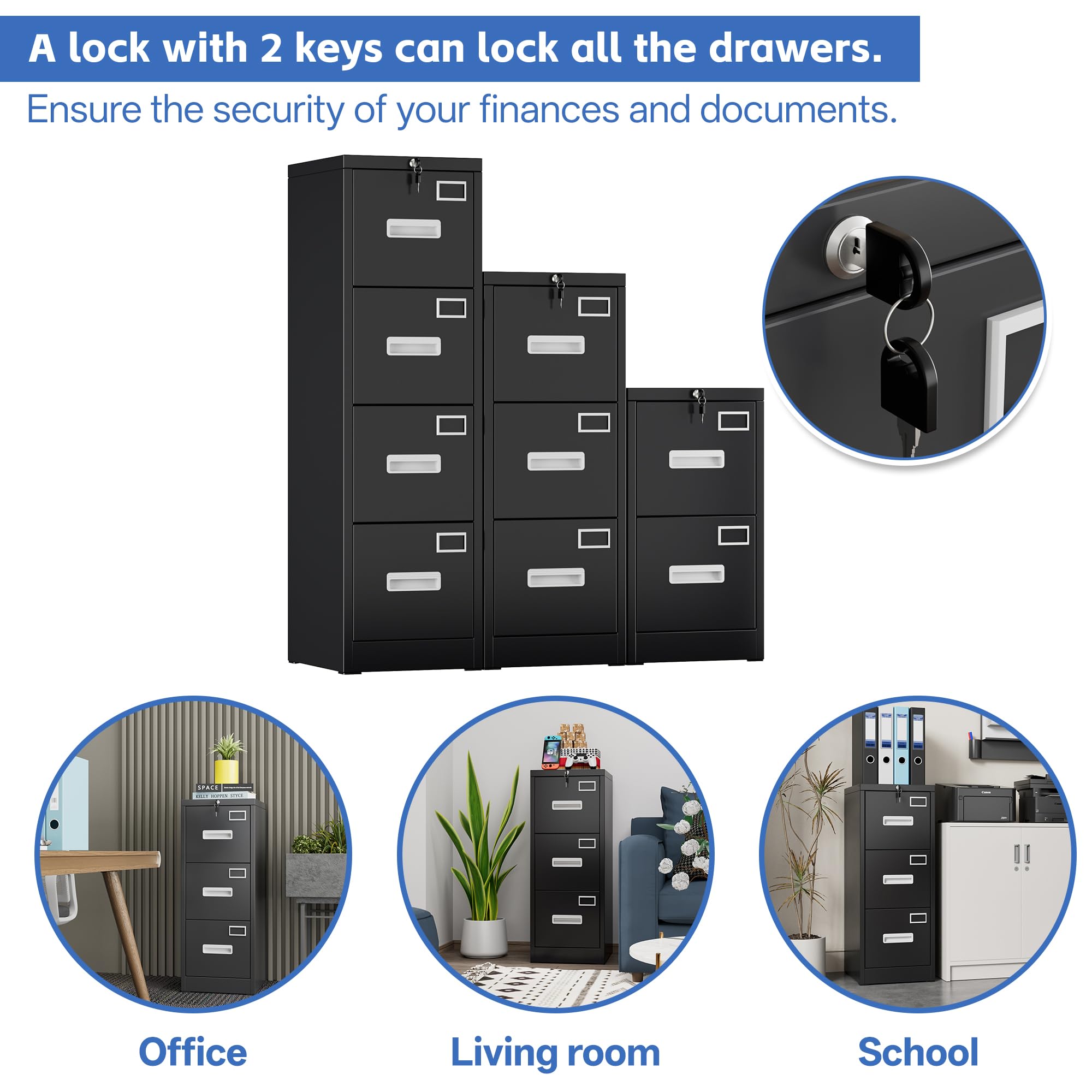 Szafa na dokumenty A4, metalowa, pionowa szafka na dokumenty, szafka biurowa do domowego biura, stojak na drukarkę, z 3 zamykanymi szufladami na teczki wiszące (czarna)