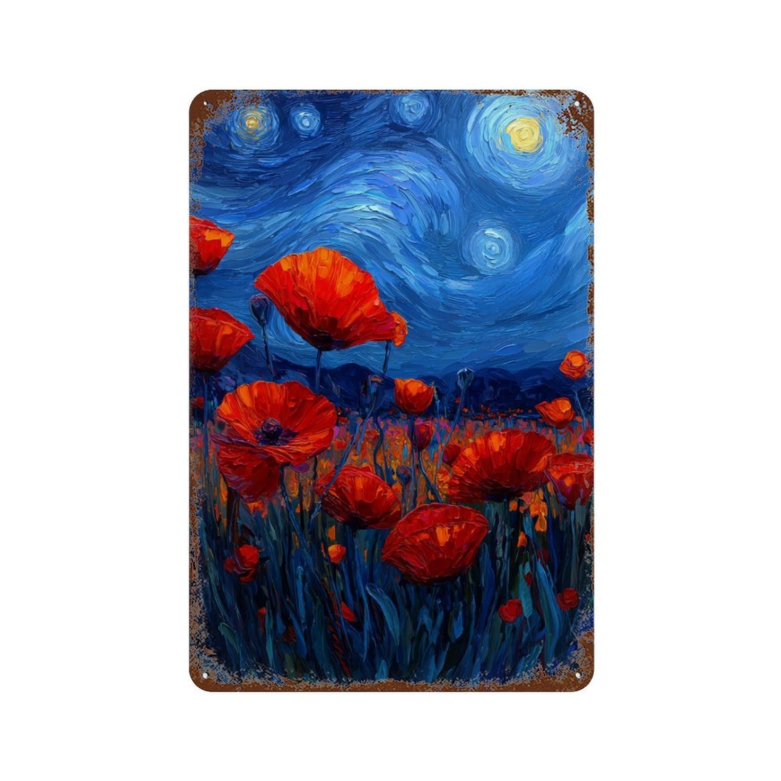 Rusty Metal Tin Sign Starry Night Poppies Canvas Print -2 11.8"x7.9", Vintage Wall Decor for Shed, Workshop And Garage Wall Decor