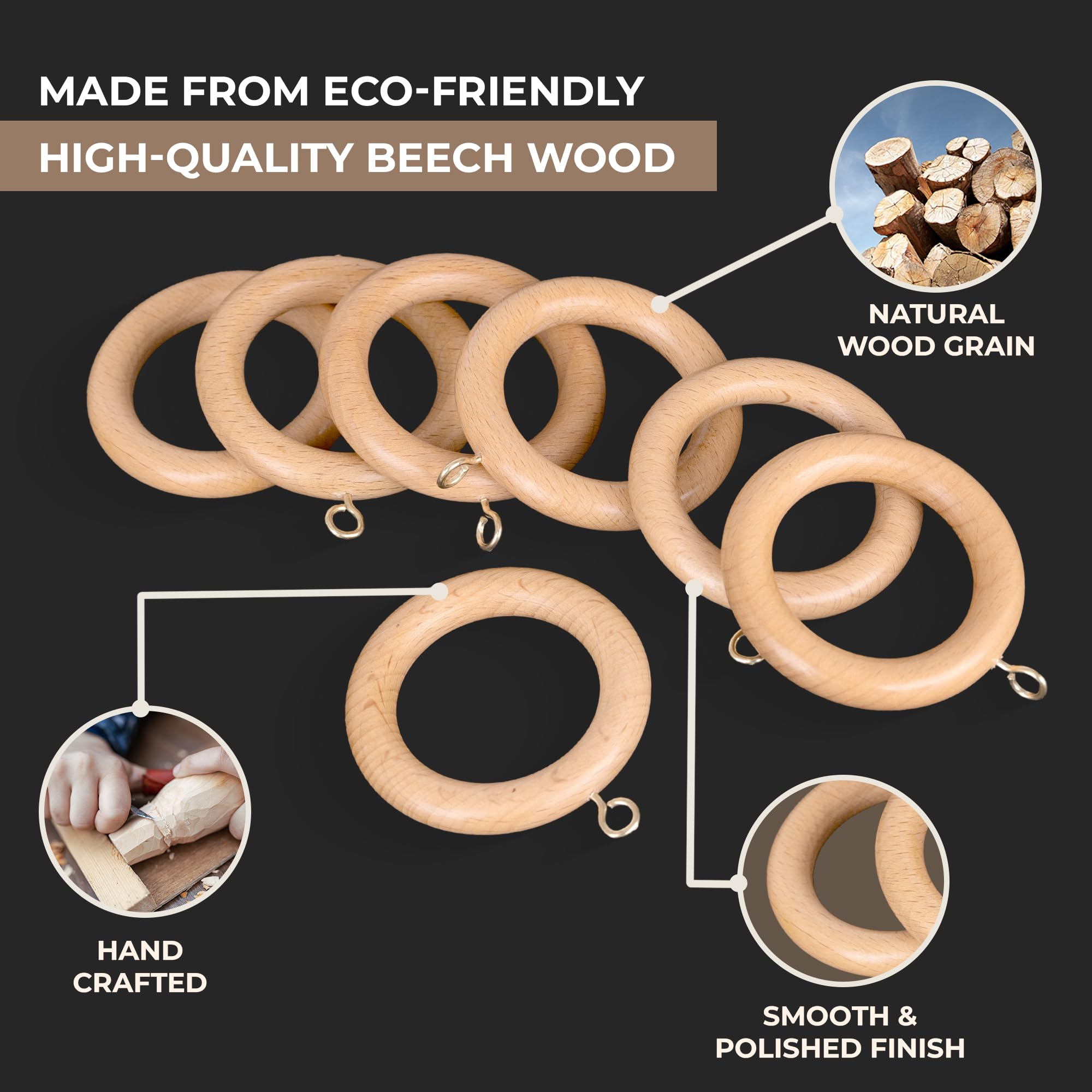INANOSA Handcrafted Natural Beech Wood Curtain Rings with Hooks – 2.5