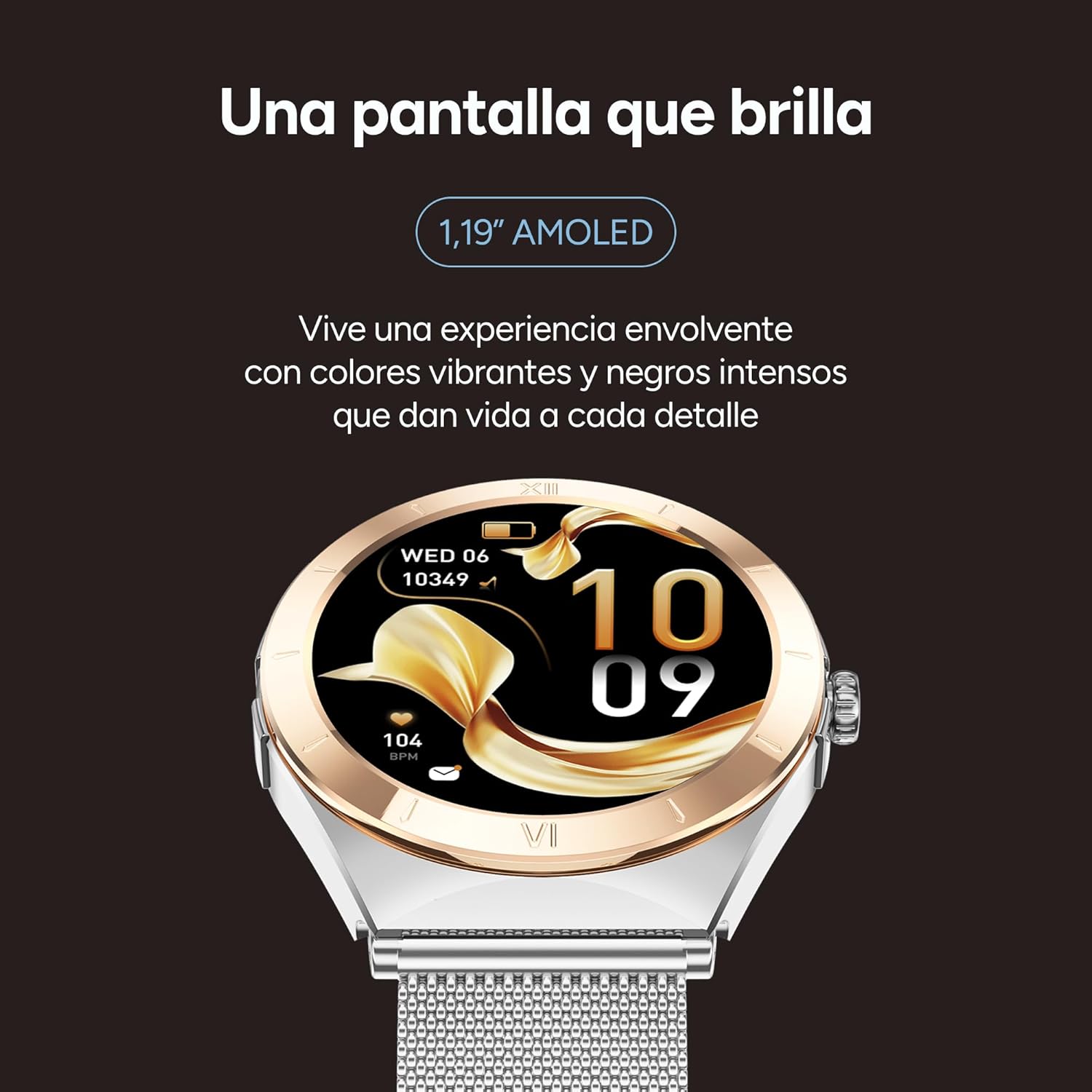 Close-up of KSIX LYA Smartwatch AMOLED display showing time and health data