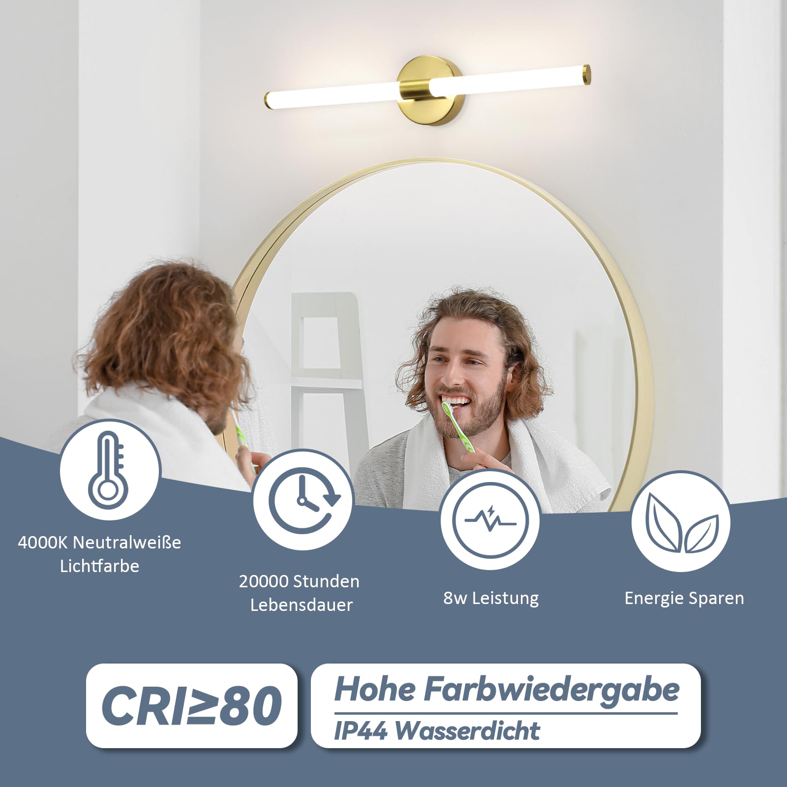 LED Spiegelleuchte Bad Wandlampe - 8W Gold Badlampe 60CM | Wand Badezimmer Lampe Wandleuchte 4000K Neutralweiß Spiegellampe Modern IP44 Badlampe für Badschrank Keller Küche Flur