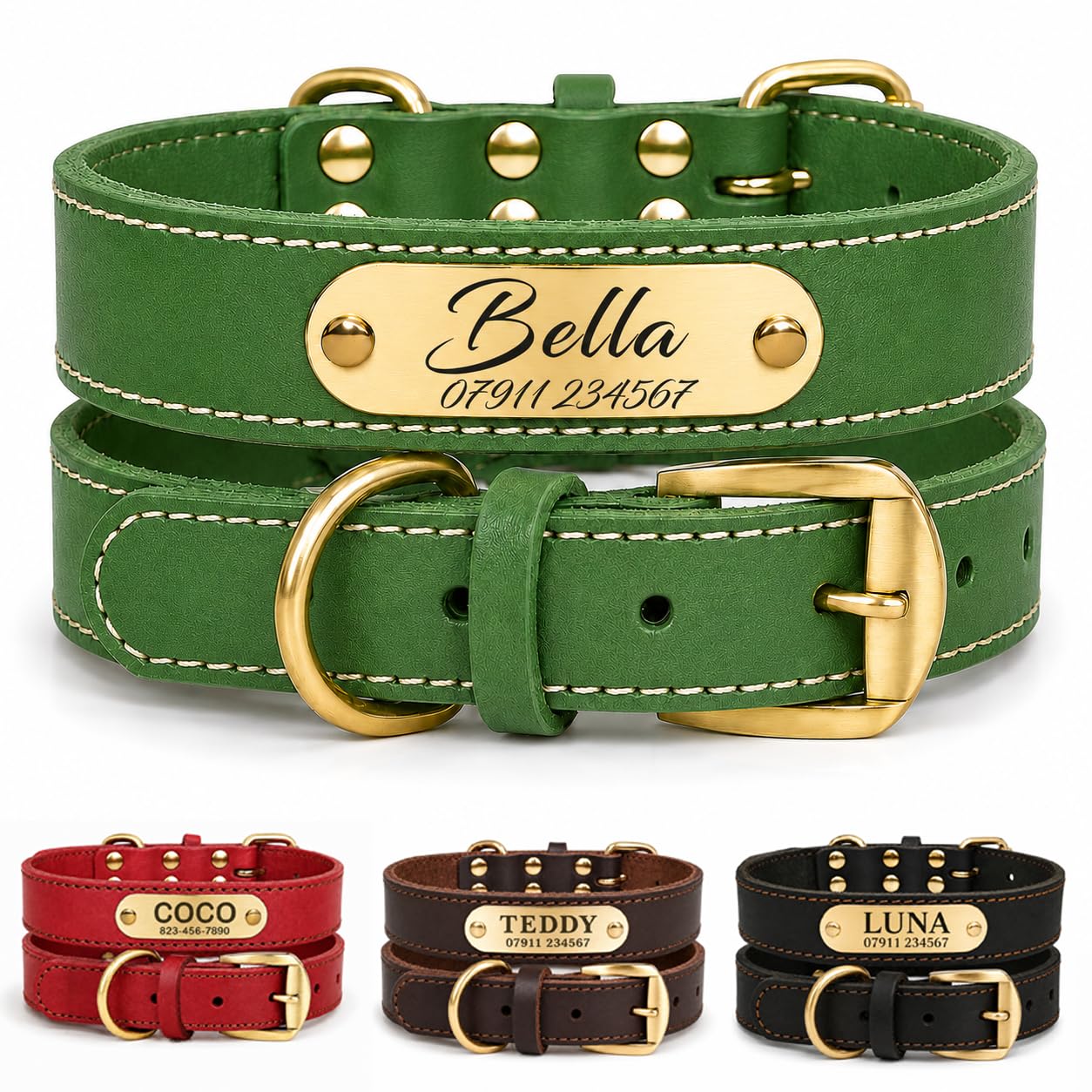 Personalised Genuine Leather Dog Collar with Deep Engraved Name Plate, Custom Pet ID Collar for Cats Small Medium Large Dogs, Name Phone Postcode,Adjustable 6 Sizes 4 Colours, Gift, UK Dispatch