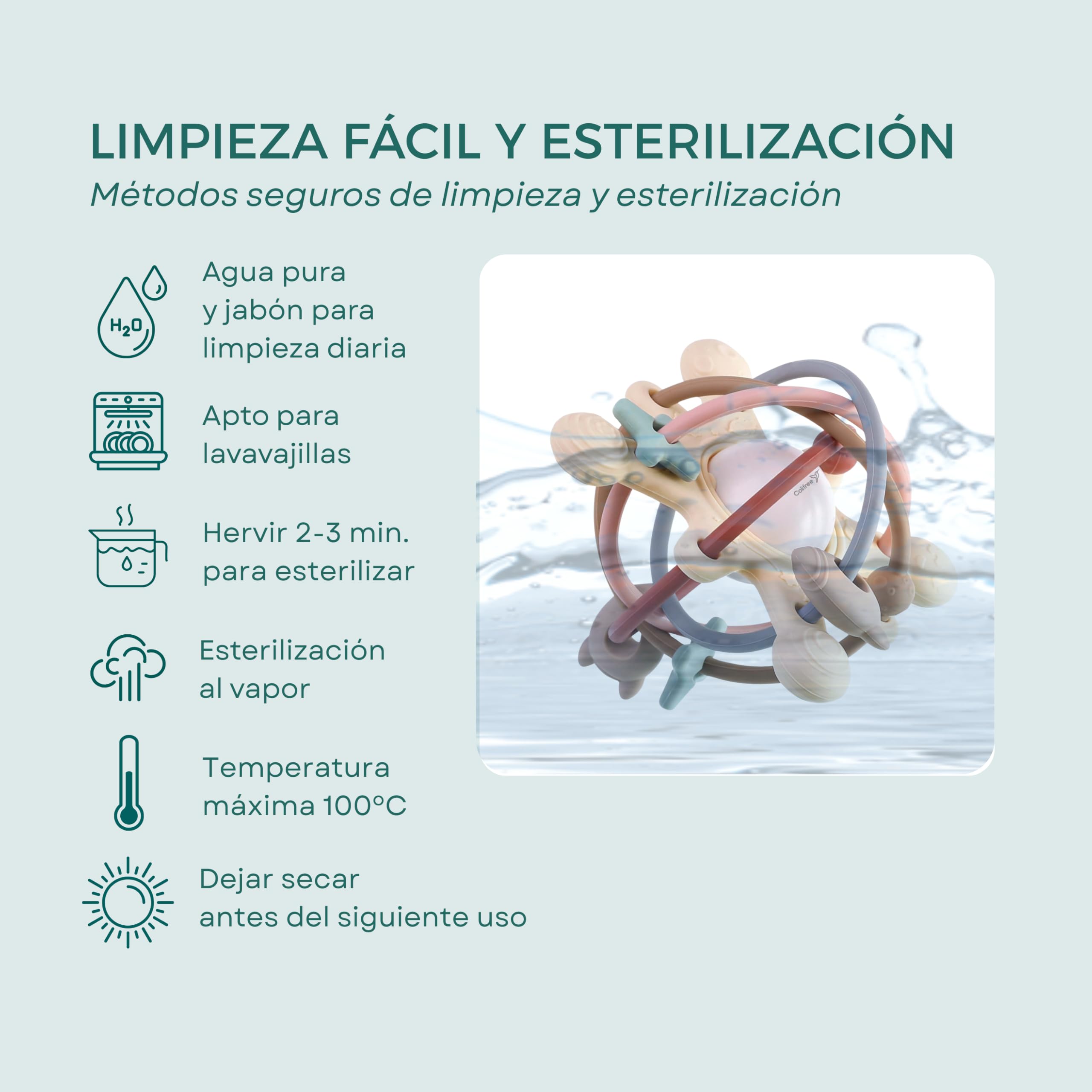 Colifree - Mordedor bebé sonajero, blandito y de fácil agarre, juguete denticion a partir de 3 meses, silicona segura libre de BPA, diseño ergonómico y con texturas — view 4
