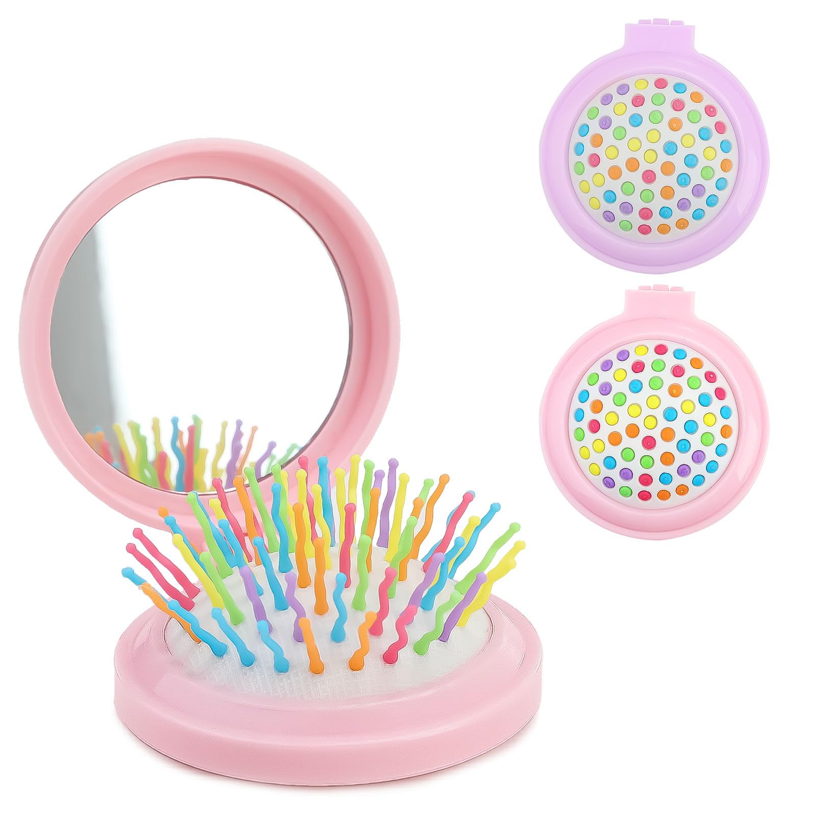 MSKS 2Pcs Hair Brush with Mirror, Folding Pocket Travel Mini Boar Bristle Hair brushes, Round Folding Comb for Girls, Folding Pocket Hair Brush, Compact Travel Size Hair Massage Comb (Pink+Purple)