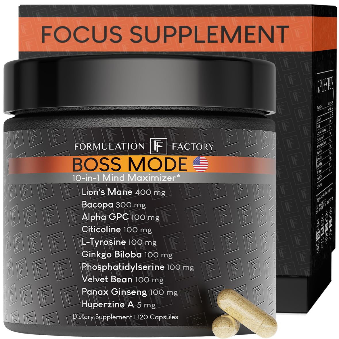 Nootropic Brain Supplement - Boss Mode Focus & Memory Complex with Lion's Mane, Alpha GPC & Bacopa - Cognitive Support - 120 Capsules, 2 Month Supply