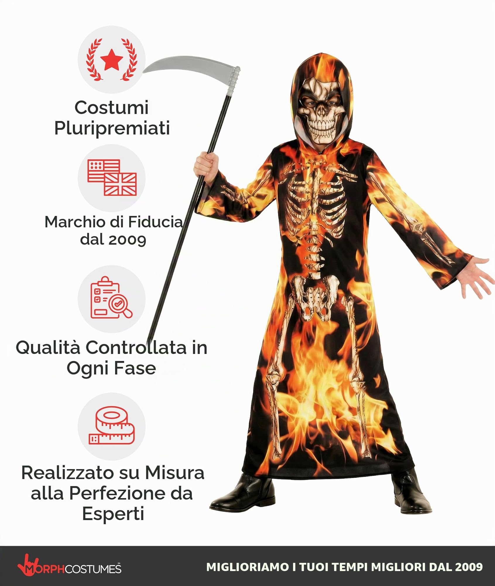 Morph Costume Mietitore Bambino, Costume Halloween Bambino | Tunica con Cappuccio & Maschera, Stampa Scheletro Fiammeggiante, Perfetto per Halloween, Ideale per il Gioco di Ruolo