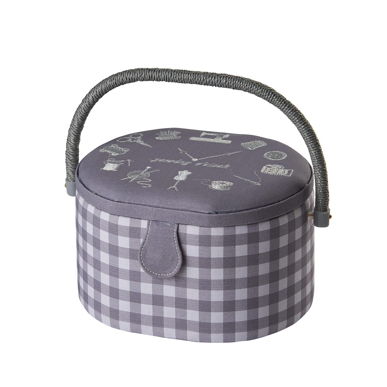 Medium Oval Sewing Box with Compartments in a Grey Check fabric with an Embroidered Clock Face Lid. 20x24.5x15cm - Sewing Online GA1125M