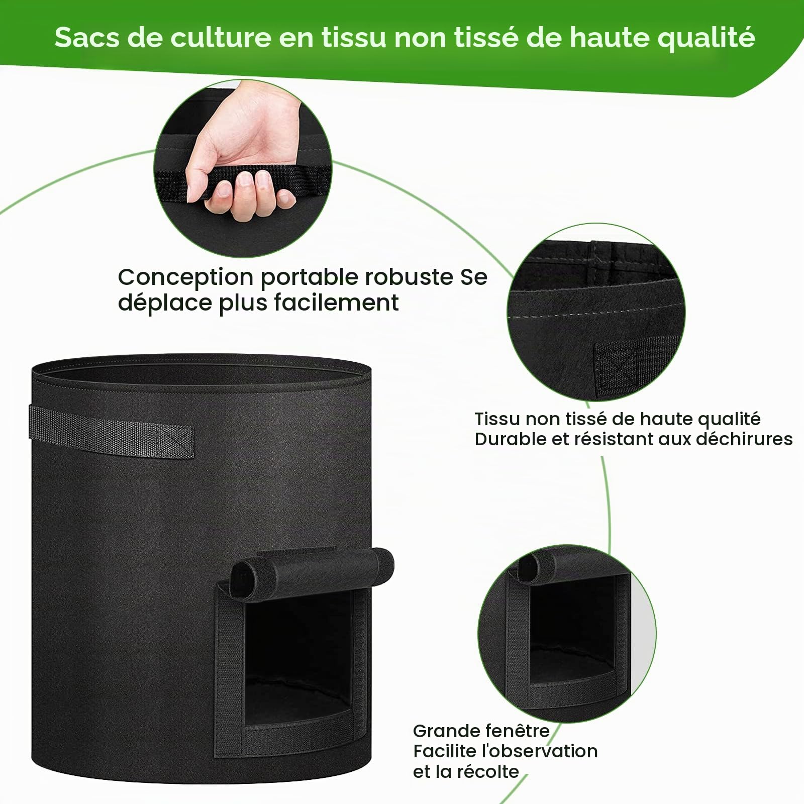 Lot de 3 Sacs à Plantes, 40L Sac de Plantation Geotextile Non Tissé, Sac de Plantation de Pomme de Terre, Sac de Culture avec la Fenêtre et la Poignée, Sac de Culture Pot de Fleur Sac de Jardin