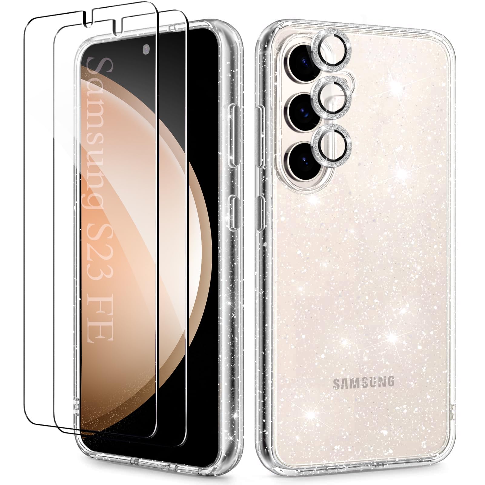 KIOMY Glitter Clear Case for Samsung Galaxy S23 FE 5G with Diamond Sparkle Camera Lens Protector +2 Packs Tempered Glass Screen Protector, Sparkly