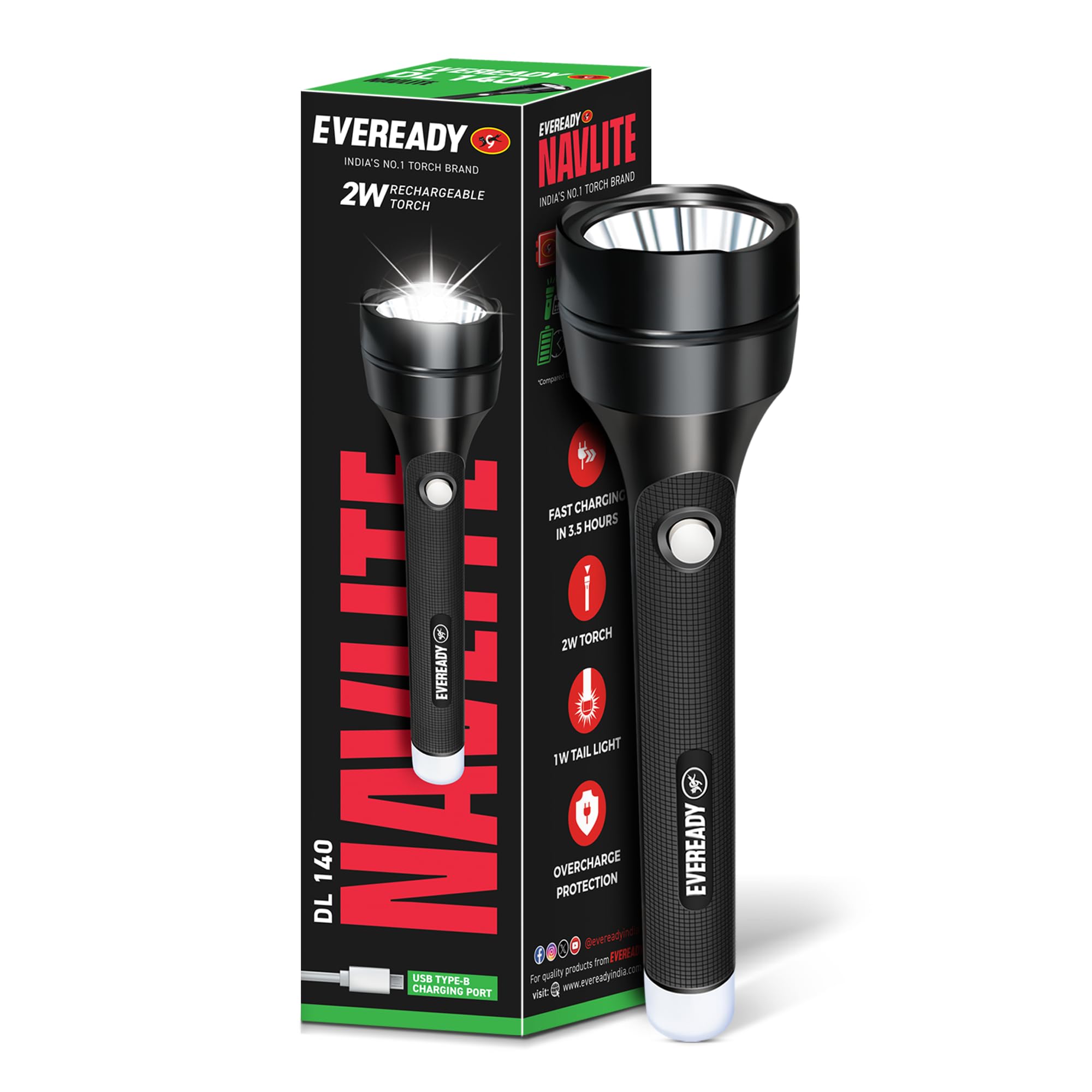 Eveready DL 140 2W Emergency Navlite Rechargeable Torch with 1W Tail Light, Pack of 1