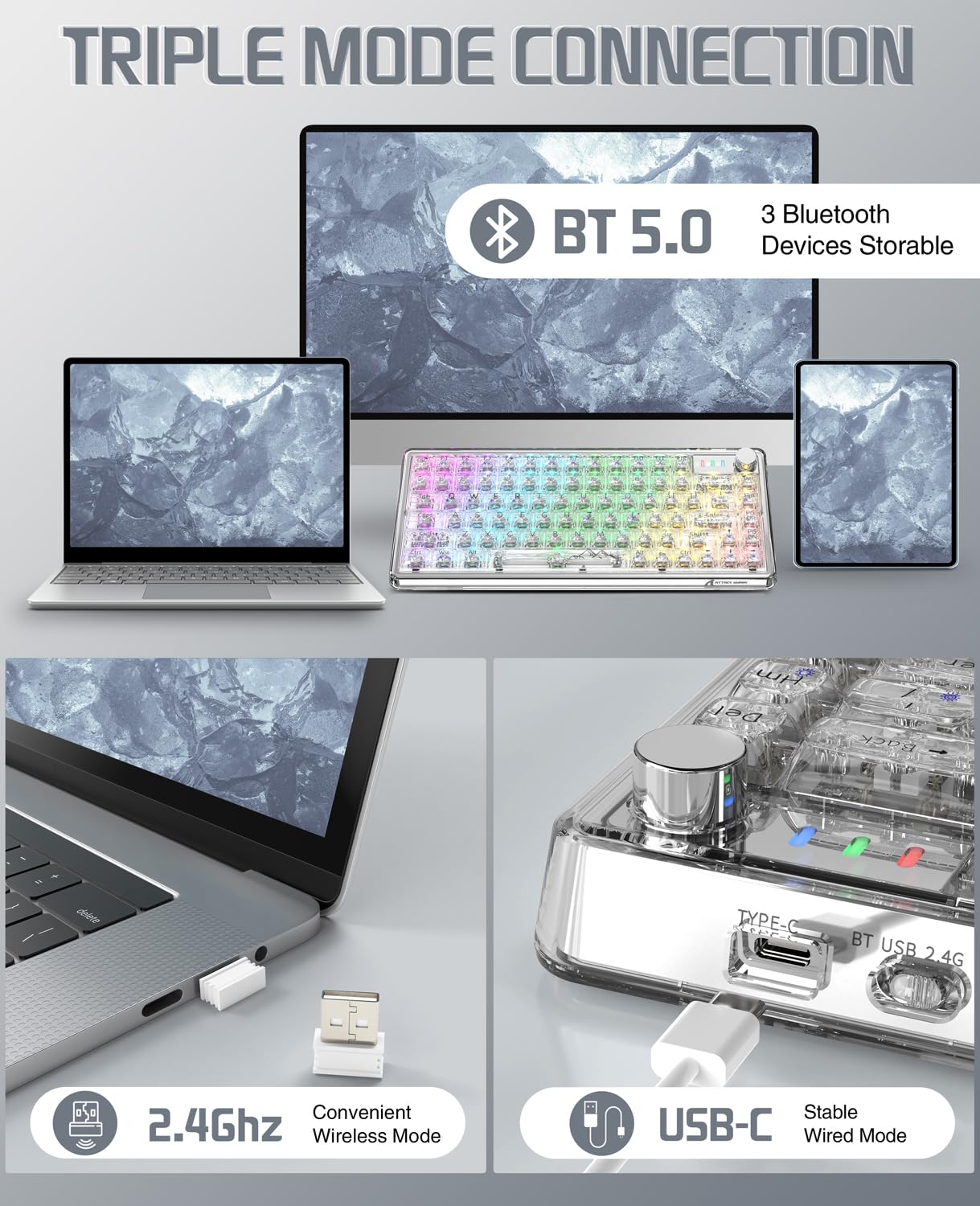 ATTACK SHARK K75 75% TKL Mecánico Teclado de Juego, BT5.0/2.4G/USB-C RGB, Teclado de Junta Transparente Personalizable con Perilla,Interruptor Lineal de Intercambio en Caliente, 4000 mAh-Blanco