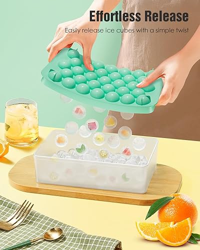 Miniatura 3 de Bandejas redondas para cubitos de hielo para congelador con tapa y contenedor, moldes para hacer hielo de círculo pequeño, 73 piezas mini + 33 bolas