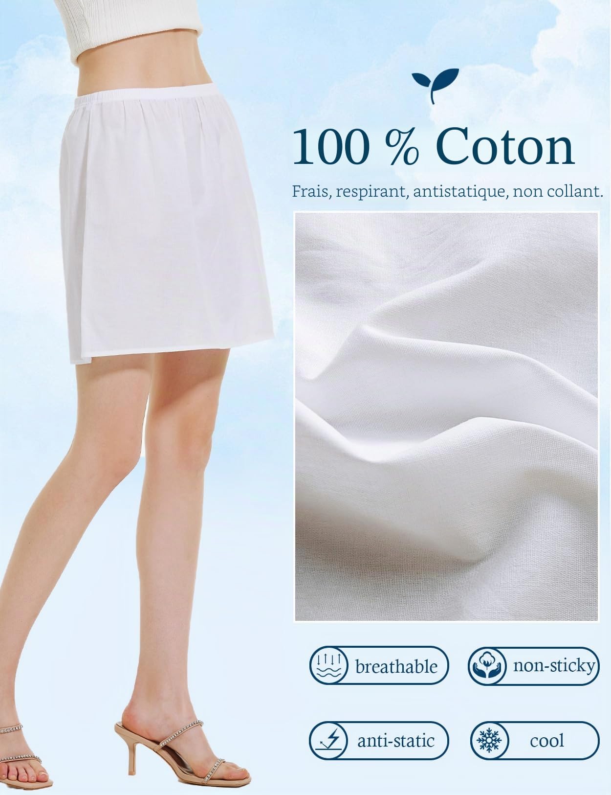 BEAUTELICATE Femme Jupon Lingerie sous-Jupe sous-Robe en 100% Coton Blanc Noir Ivoire Chair Court Mi-Long Fond De Jupe pour Fille Été
