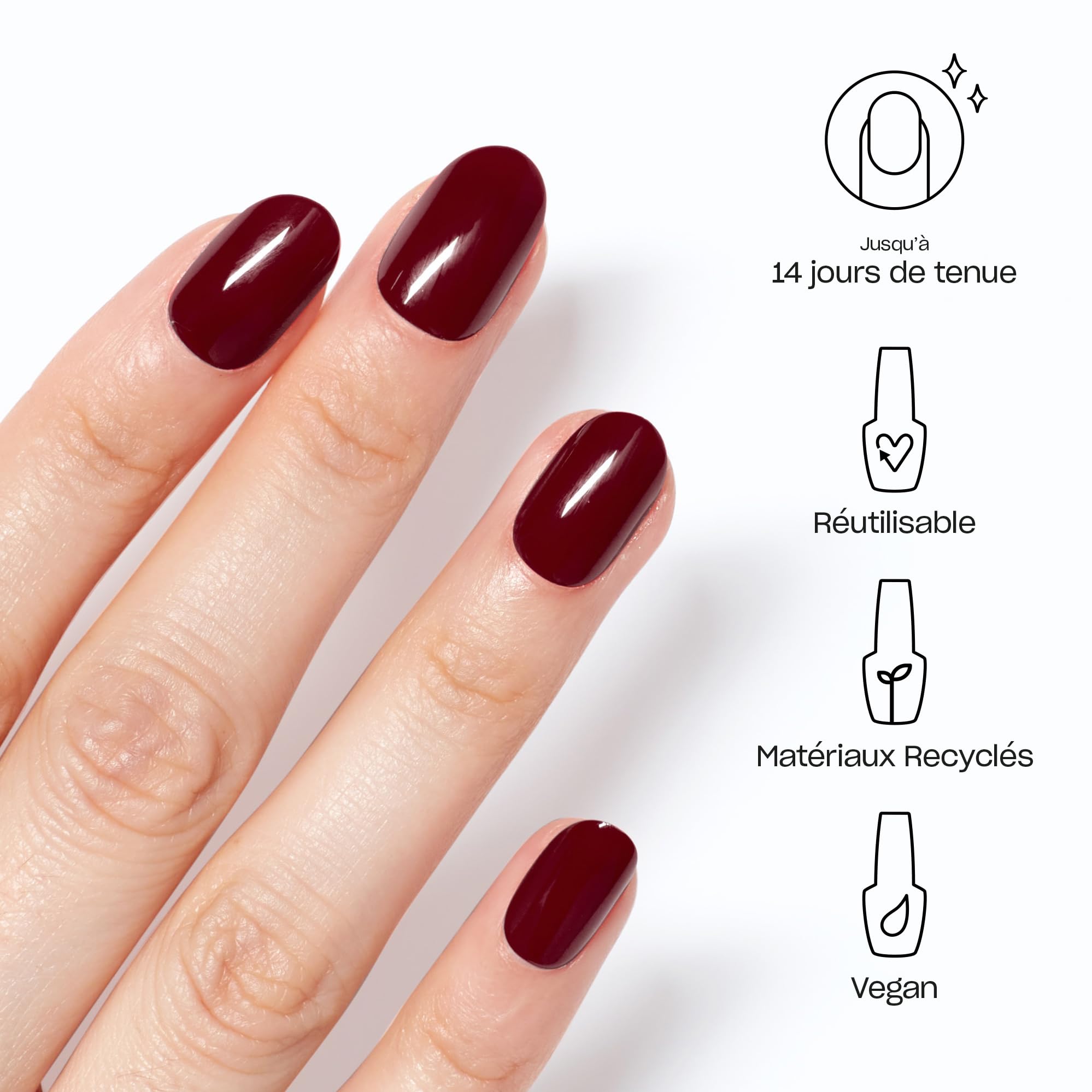 OPI xPRESS/ON Malaga Wine | Faux ongles press-on rouge foncé, courts, forme ronde | Avec colle pour ongles | Longue tenue, réutilisables, respectueux des ongles.