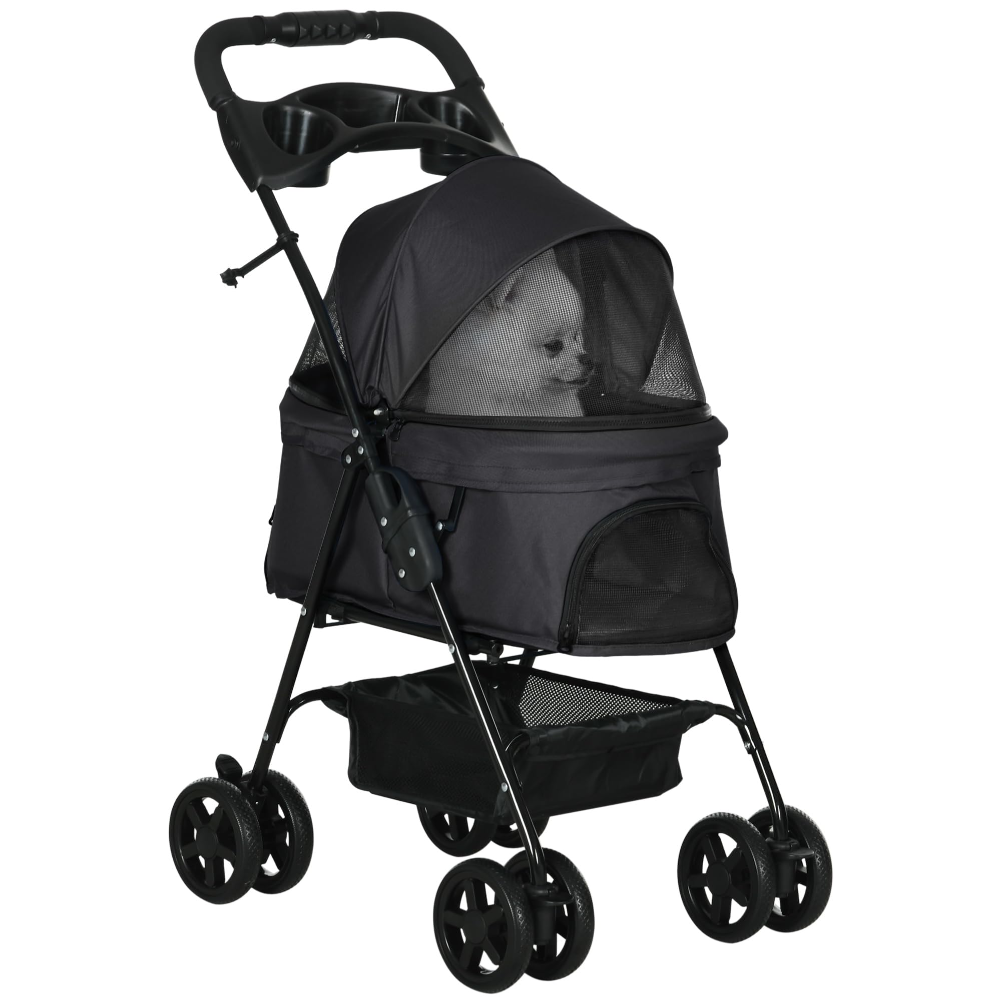 PawHut - Cochecito plegable para perro, gato, cesta de almacenamiento portavasos, tejido 300D Oxford impermeable 4 ruedas, color negro