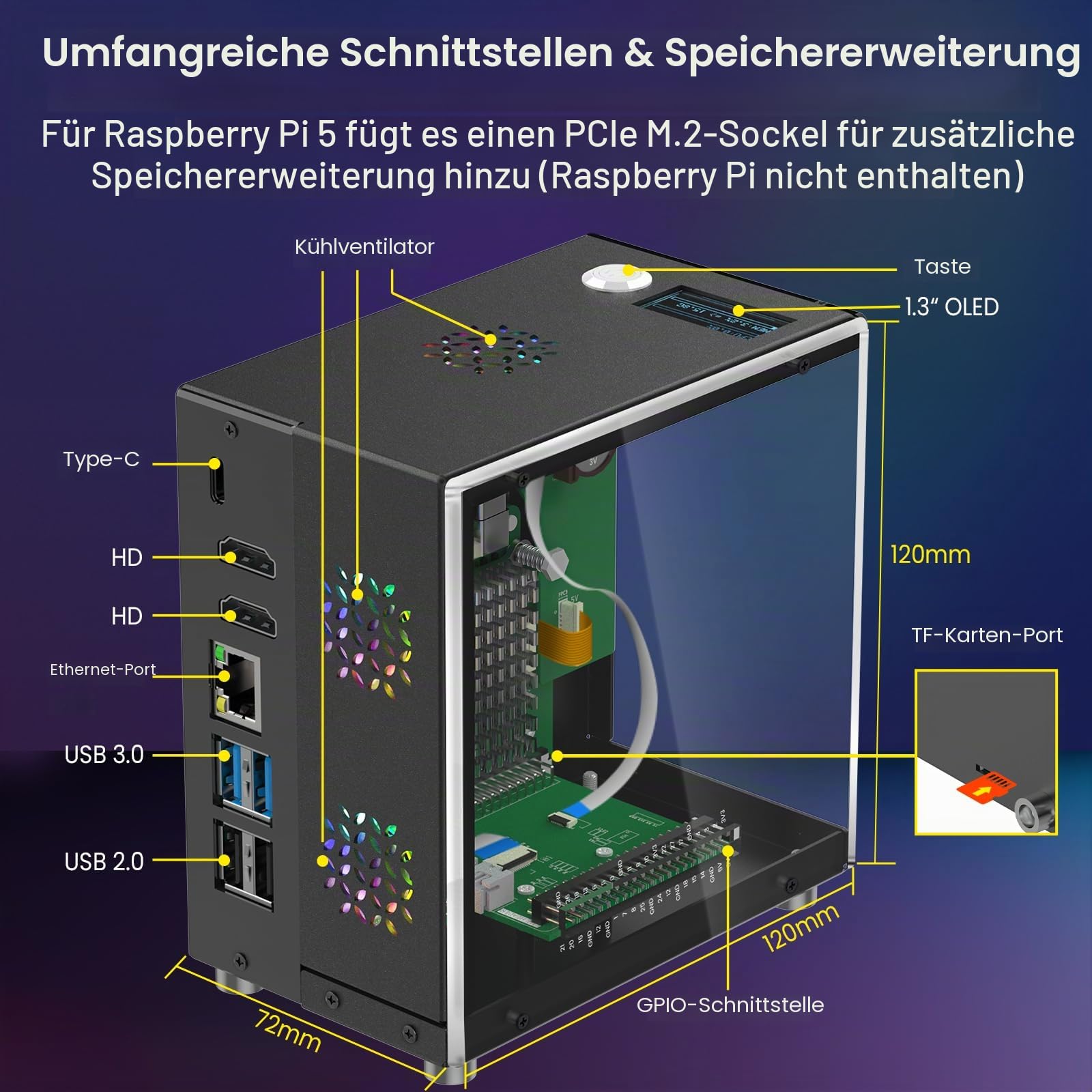 Elecrow Mini-PC-Gehäuse für Raspberry Pi 5: Aluminiumgehäuse mit 3 Kühlventilatoren, 1,3 Zoll OLED-Display, PCIe M.2 NVMe SSD 2230/2242/2260/2280 Unterstützung, RTC, Vollständiger Anschlusszugang