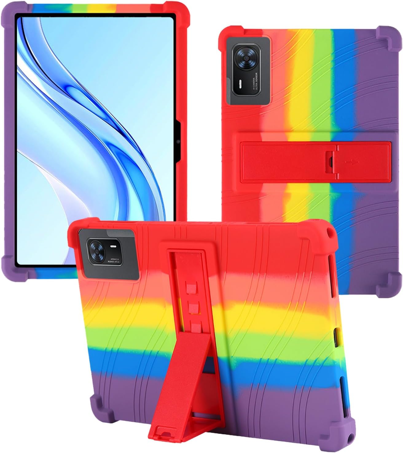 Case for Doogee Tab E3+ Android 15 Tablet 12 inch，WUNIAK Shock Proof Lightweight Stand Rubber Shell Protective Cover,Kids Friendly Soft Silicone Adjustable Stand Cover,Rainbow
