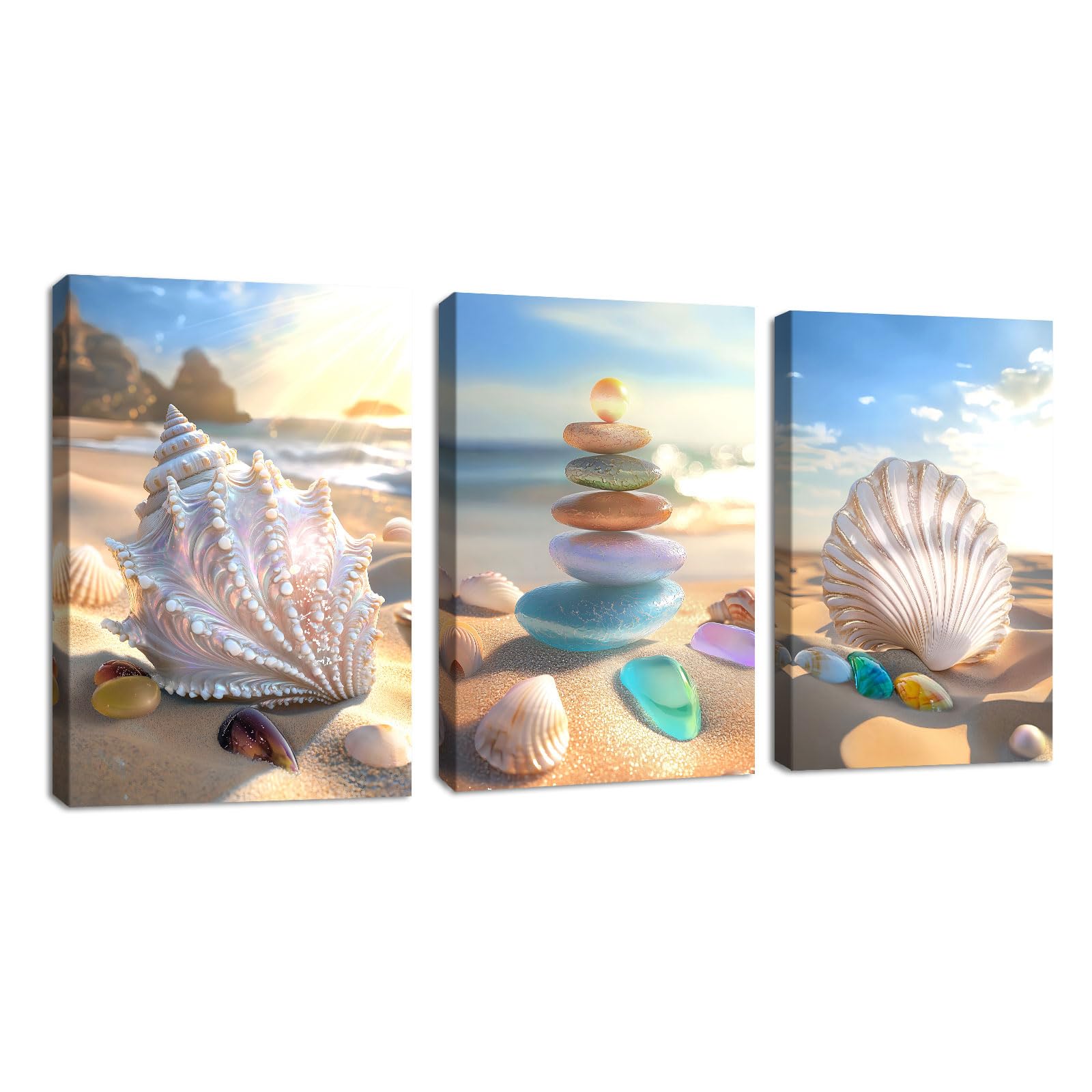 3 Pcs Blau Himmel Seestern Muscheln Leinwandbilder Bilder mit Rahmen, Strand Buntes Kieselsteins bild auf leinwand Wandkunst Wandbilder Kunstdruck Deko für Wohnzimmer Schlafzimmer 40cmx60cmx3Pcs