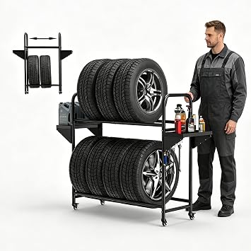 Heavy Duty Rolling Tire Storage Rack Adjustable Garage Tire Organizer with Locking Casters for Car SUV Truck Spare Tires 42 x 15 x 44 Inches
