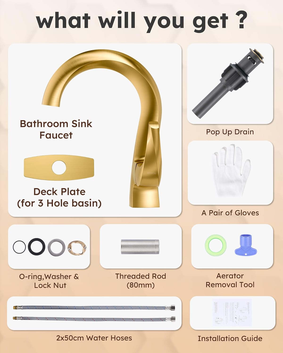 WOWOW Single Handle Bathroom Faucet 1 Hole High Arc Bathroom Basin Faucet Gold with Pop Up Drain, Solid Brass Commercial Bathroom Sink Faucet Basin Vanity Bar Faucet (Patented Product)