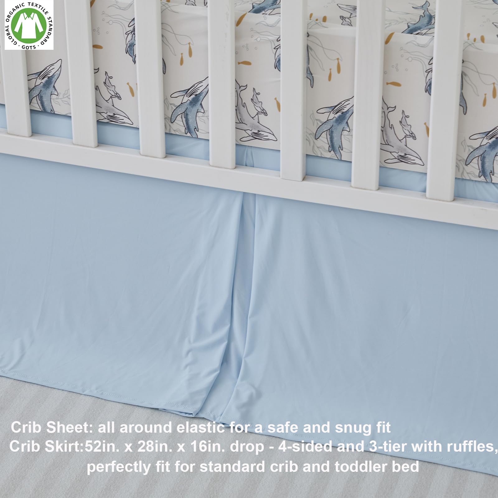 Brandream Juego de ropa de cama para cuna de bebé para niños y niñas, 3 piezas, incluye sábana elástica de punto ultra suave, edredón acolchado, falda de cama para cuna, familia de ballenas con