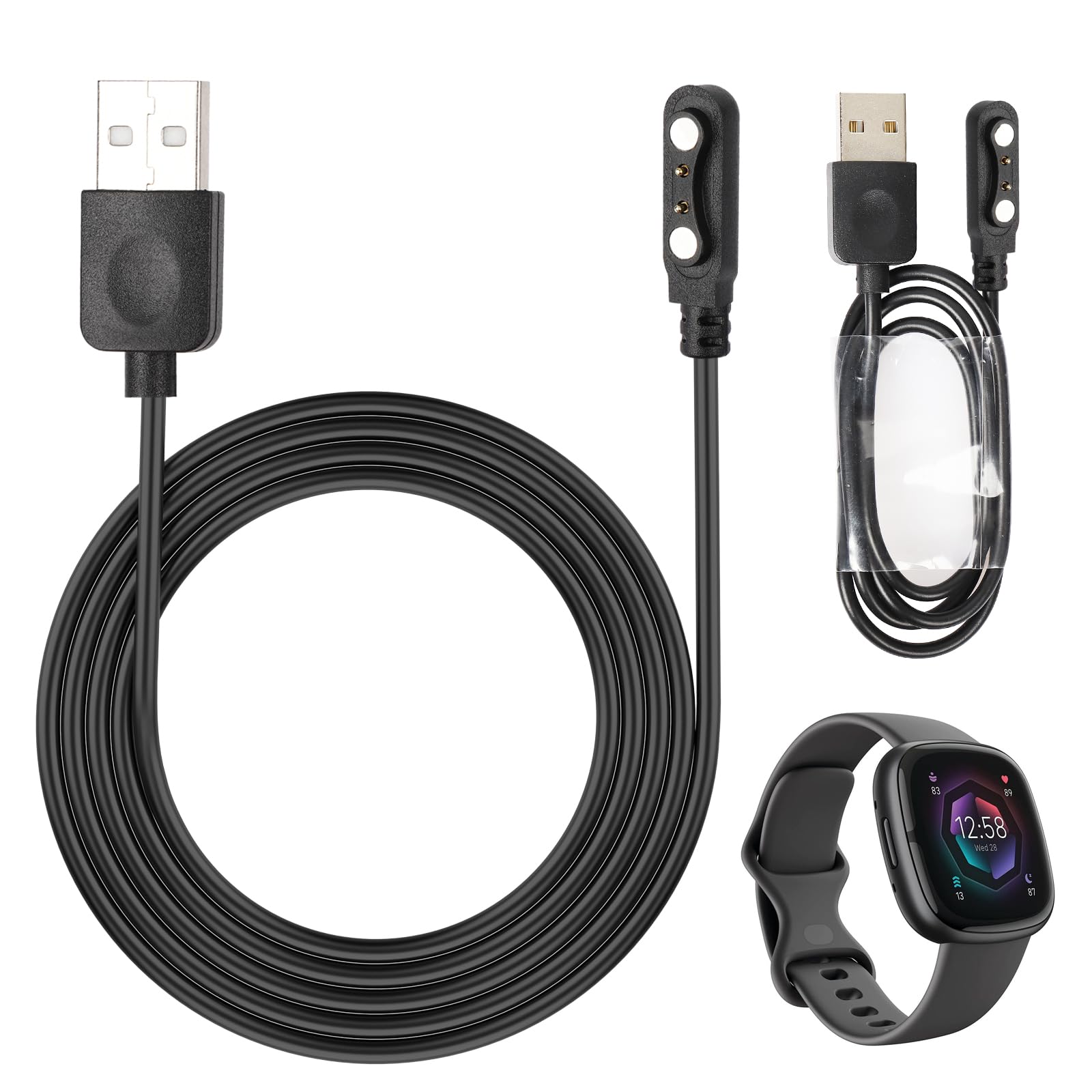 BaiWeiDun Smart Watch Charger Cable, Magnetic SmartWatch Accessories Charger Cable 2 Pin Cord, Charger Contact pin spacing 4 mm (Black)