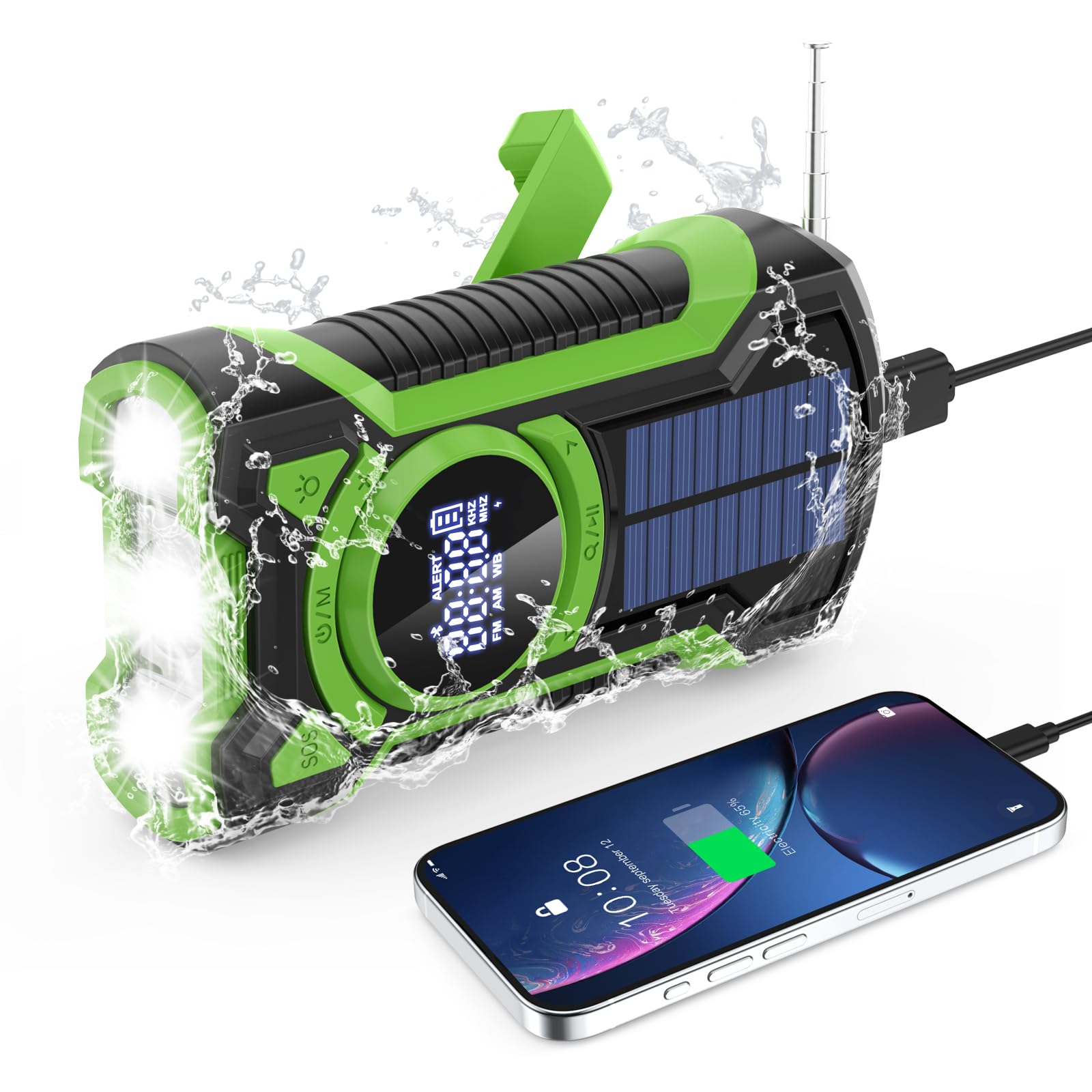 Radio di Emergenza 5000 mAh, Solare Impermeabile Bluetooth, Power Bank a Manovella con Torcia LED SOS