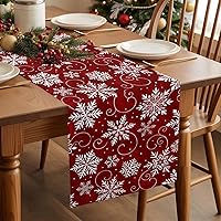 Vista 2 de Camino de mesa de copos de nieve rojos de 36 pulgadas de largo para decoración de mesa de comedor, camino de mesa de lino de algodón lavable, camino