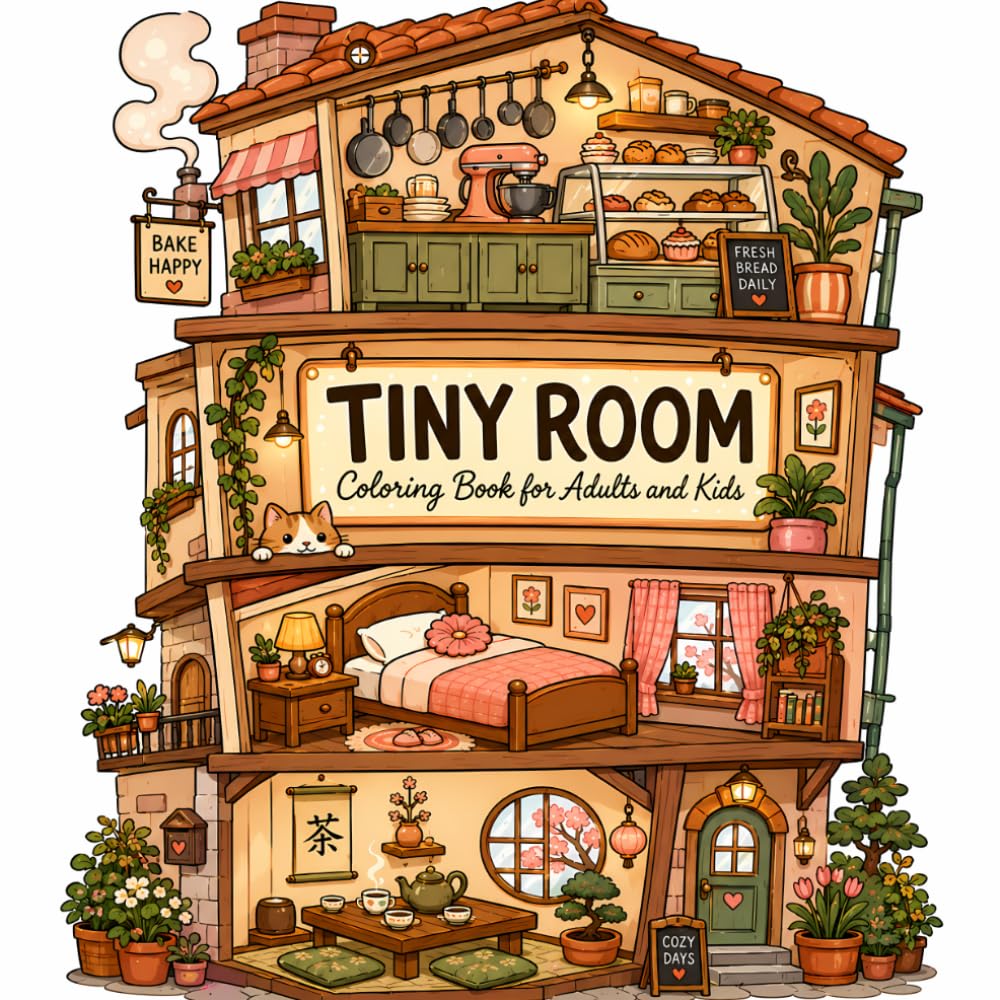 Tiny Room Coloring Book: Bold and Easy Coloring Book for Adults, Teens and Kids Featuring 40 Cozy Hygge Tiny Spaces, Cute Miniature Rooms, Cottagecore ... Home Scenes for Relaxation and Stress Relief
