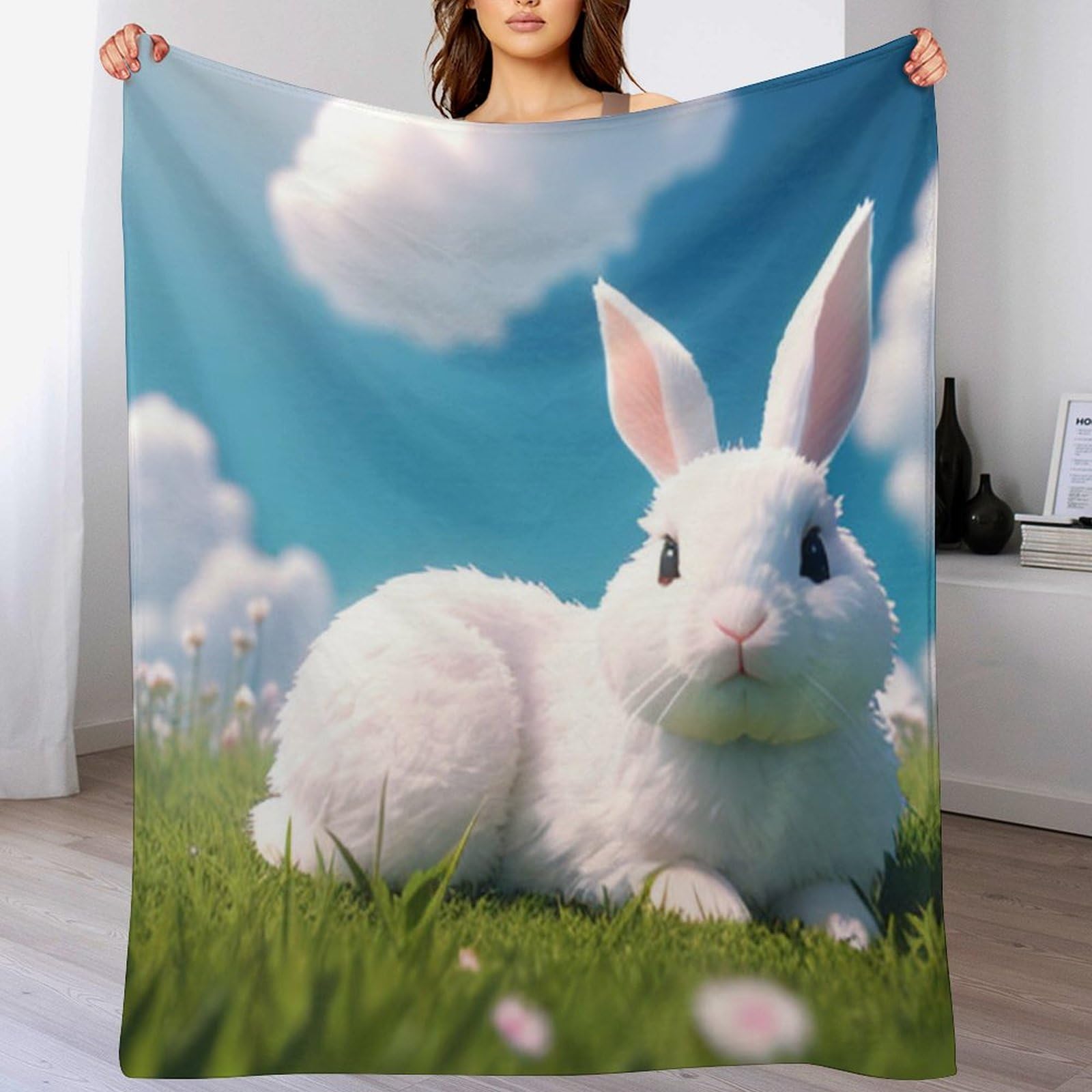 Plaid douillet couverture en lapin mignon flannel cadeau ideal lit canape