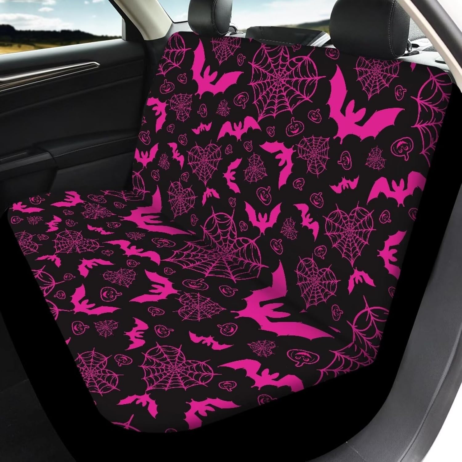 Halloween Bat Car Seat Covers Full Set, Pink Seat Covers for Cars, Front and Rear Car Seats Cover Cushions 4 Pcs Halloween Auto Accessories Protectors for SUV Sedan Van (Pink)