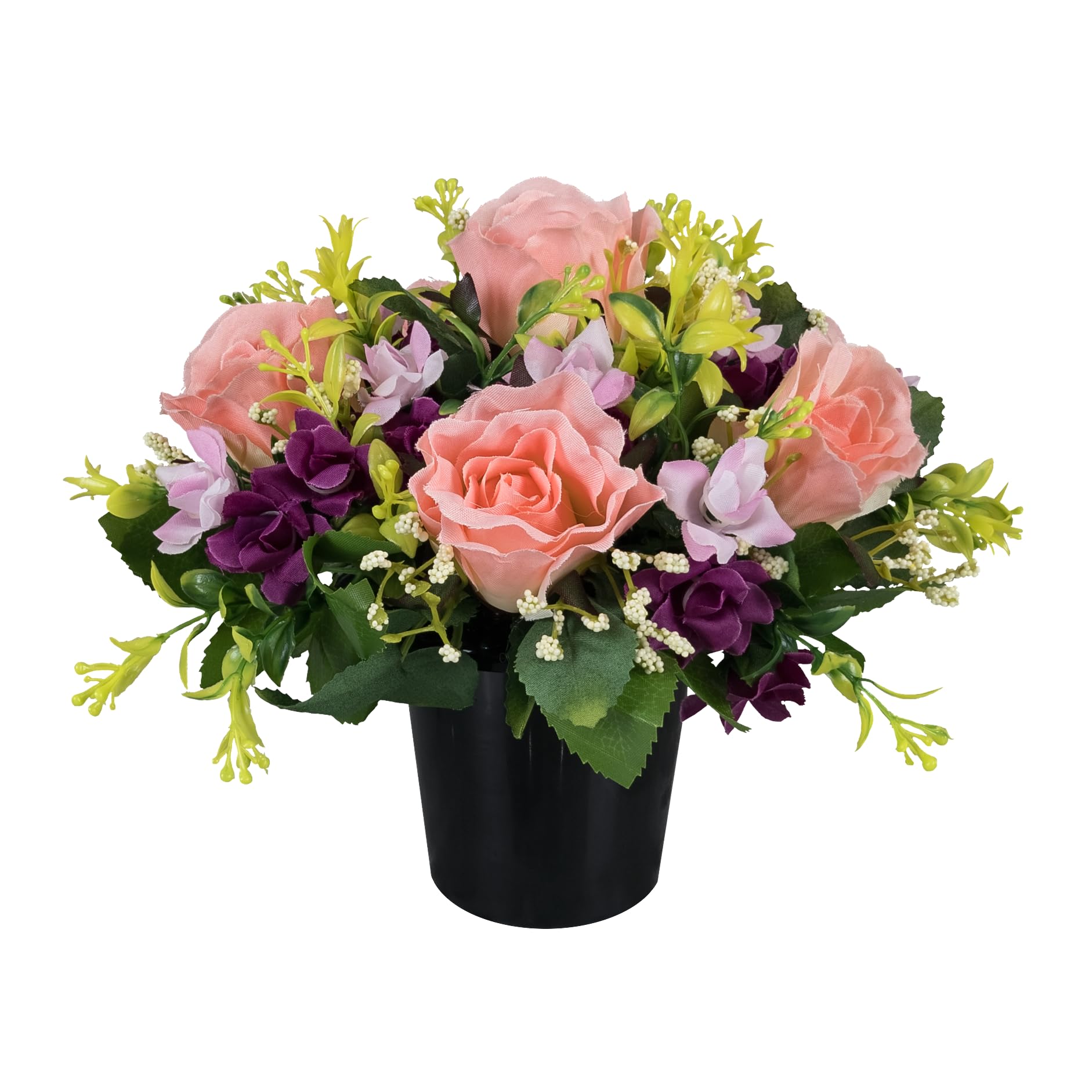 Artificial Flowers for Graves - Pink Roses and Mauve Mini-Roses in Grave Flower Pot, Pre-Arranged Handmade Outdoor Cemetery Decoration Memorial