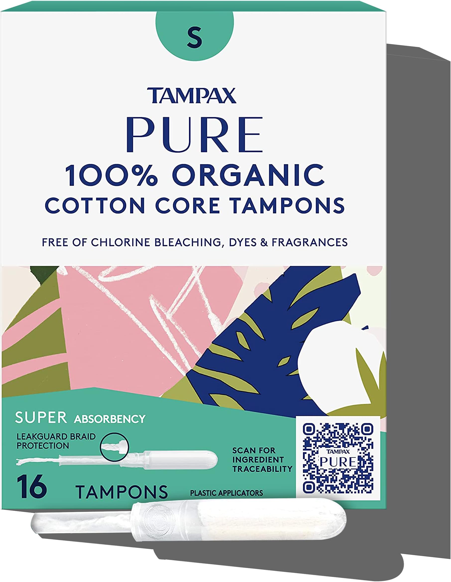 TAMPAX Pure Tampons Super Absorbency, Unscented, 16 Count, (Pack of 3, 48 Total Count)