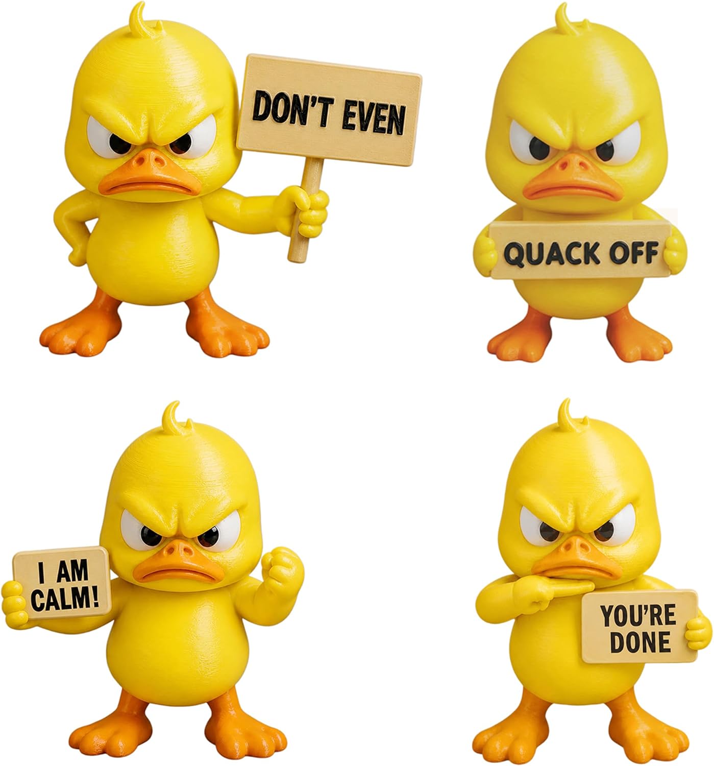 4 Pack Funny Angry Duck Figurines 3D Printed Duck Desk Decor with Sarcastic Signs Novelty Office Decoration Cute Duck Statue Collectible Gift for Coworkers Friends White Elephant Gifts