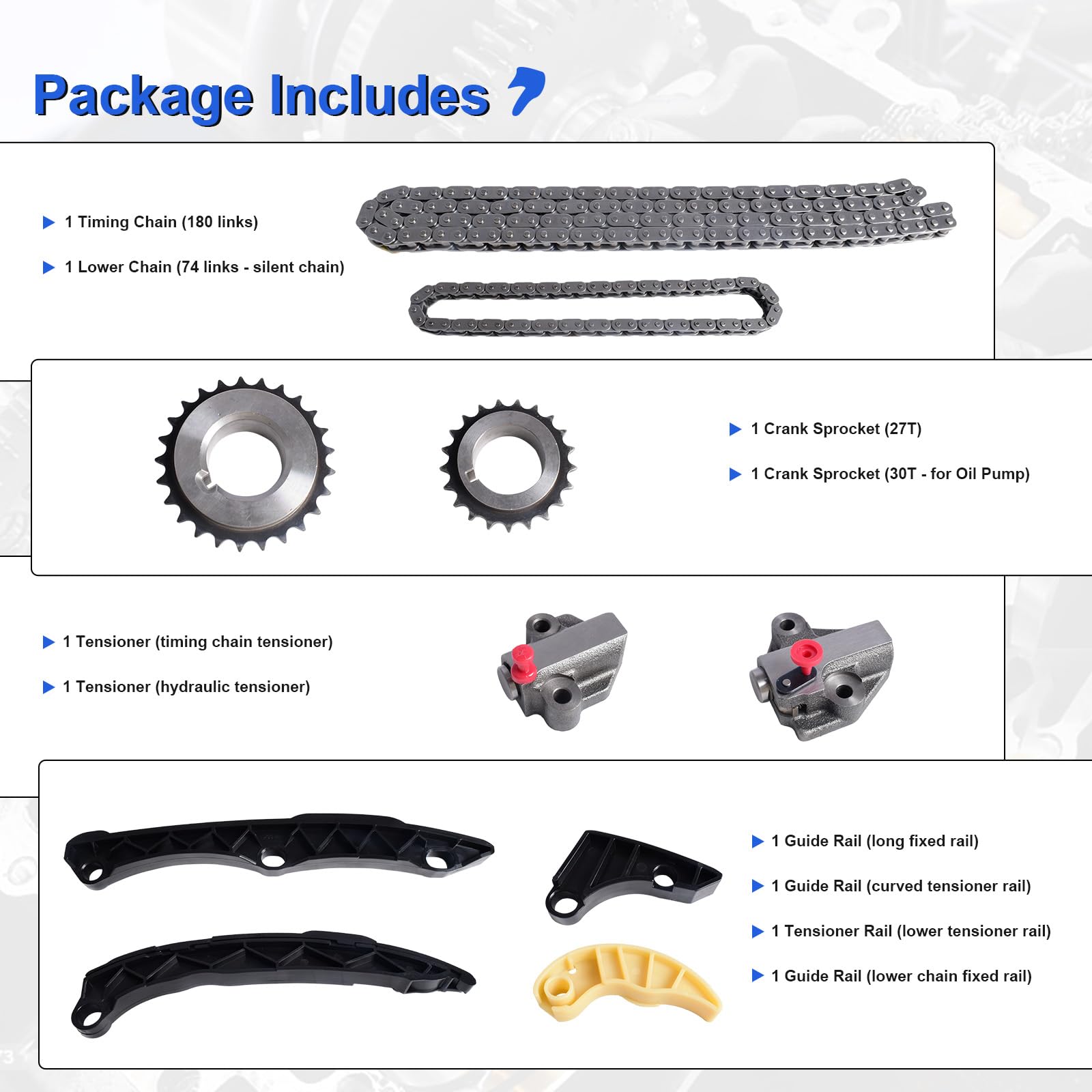 Kit de cadena de distribución para Kia Optima para Hyundai Sonata 2011-2014 2.4L DOHC G4KC - Juego completo con cadena, tensor, guía y piñón de manivela para un rendimiento fiable del motor