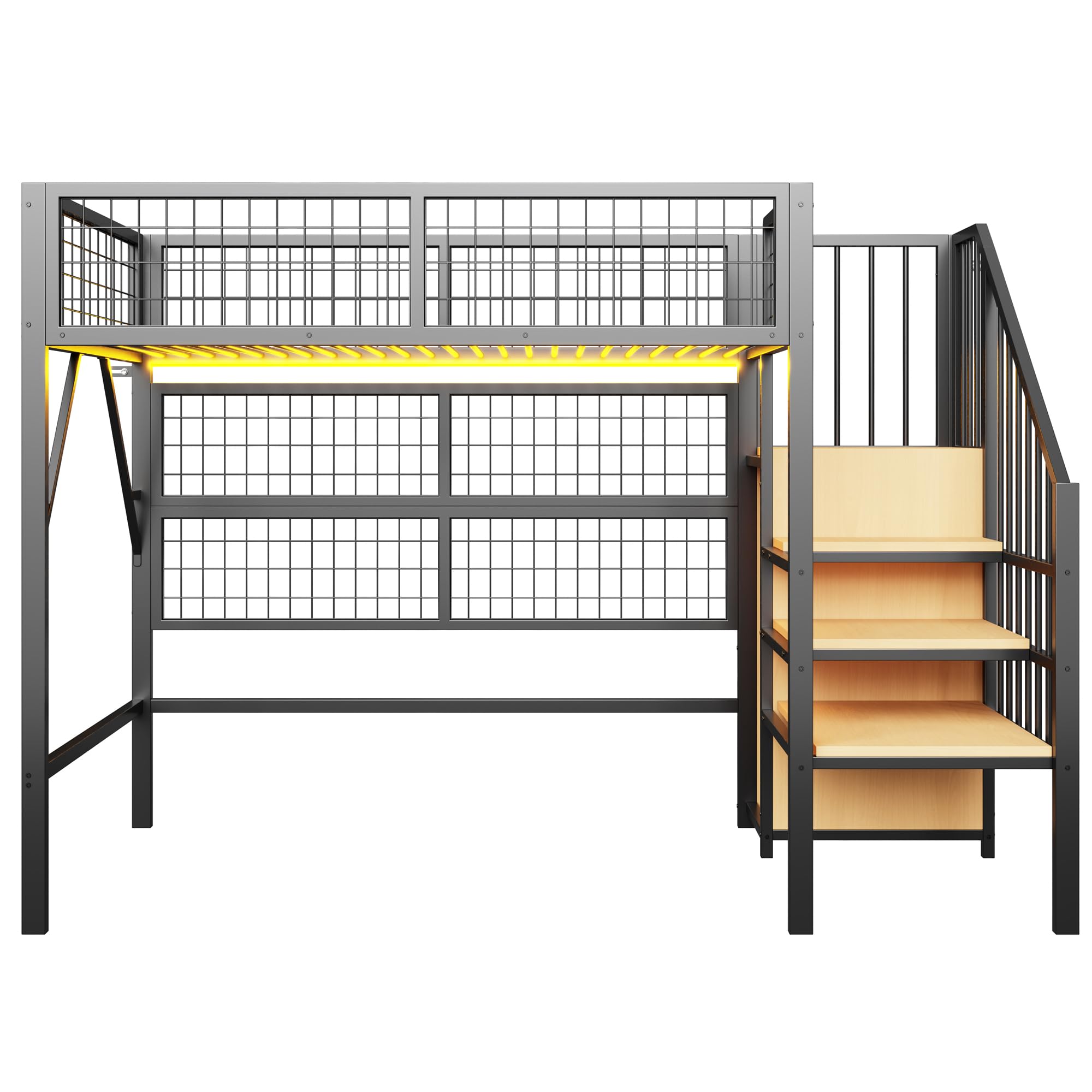 Cama de hierro, litera, 90 x 200 cm, adecuada para niños y jóvenes, con tiras de luz LED controladas por la aplicación, escalera con espacio de almacenamiento, armario abierto, color negro