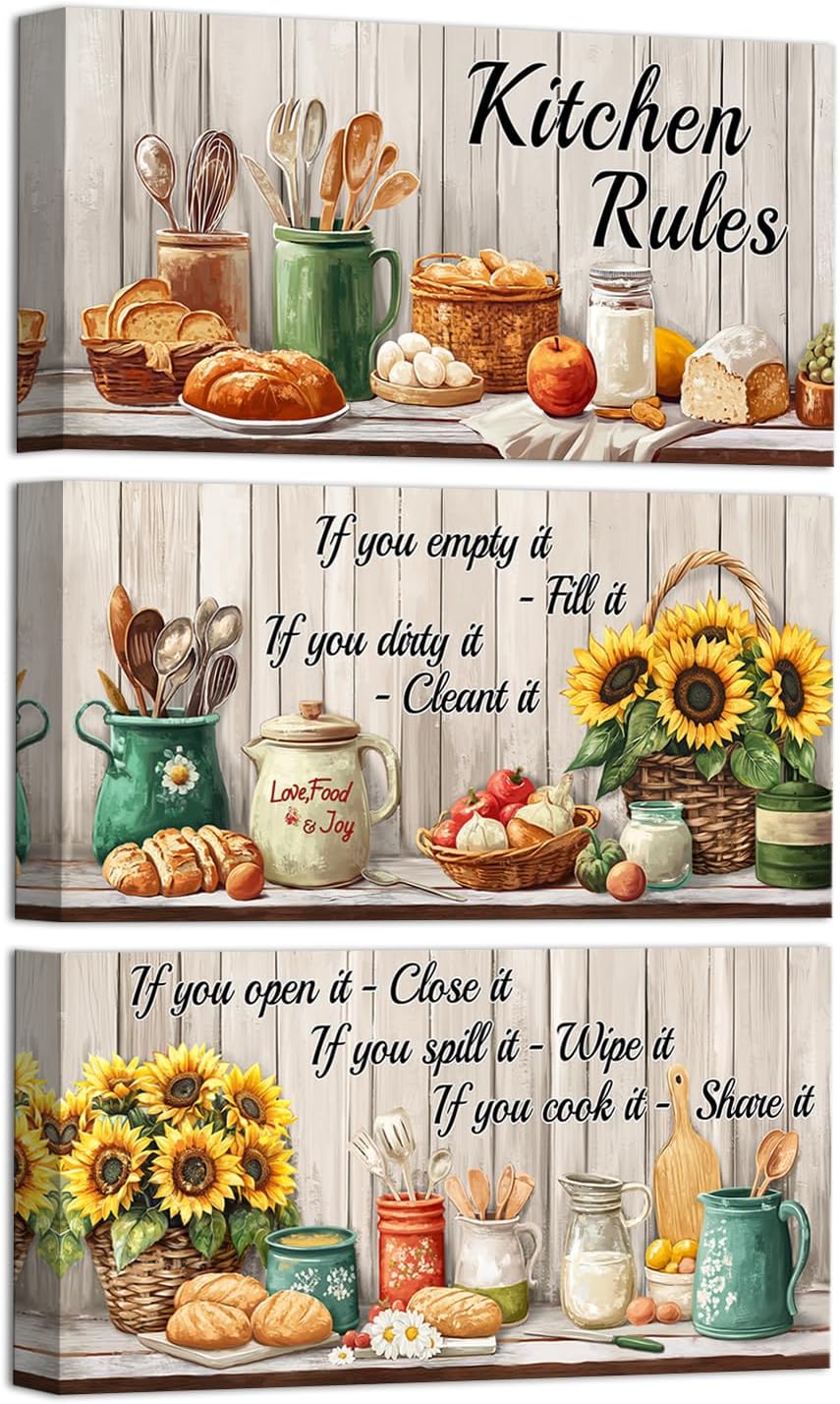 Visual Art Decor Kitchen Wall Art Sunflower Signs Farmhouse Kitchen Decor Picture Rustic Dining Room Decor Framed 6x12inchx3Pieces (Beige)