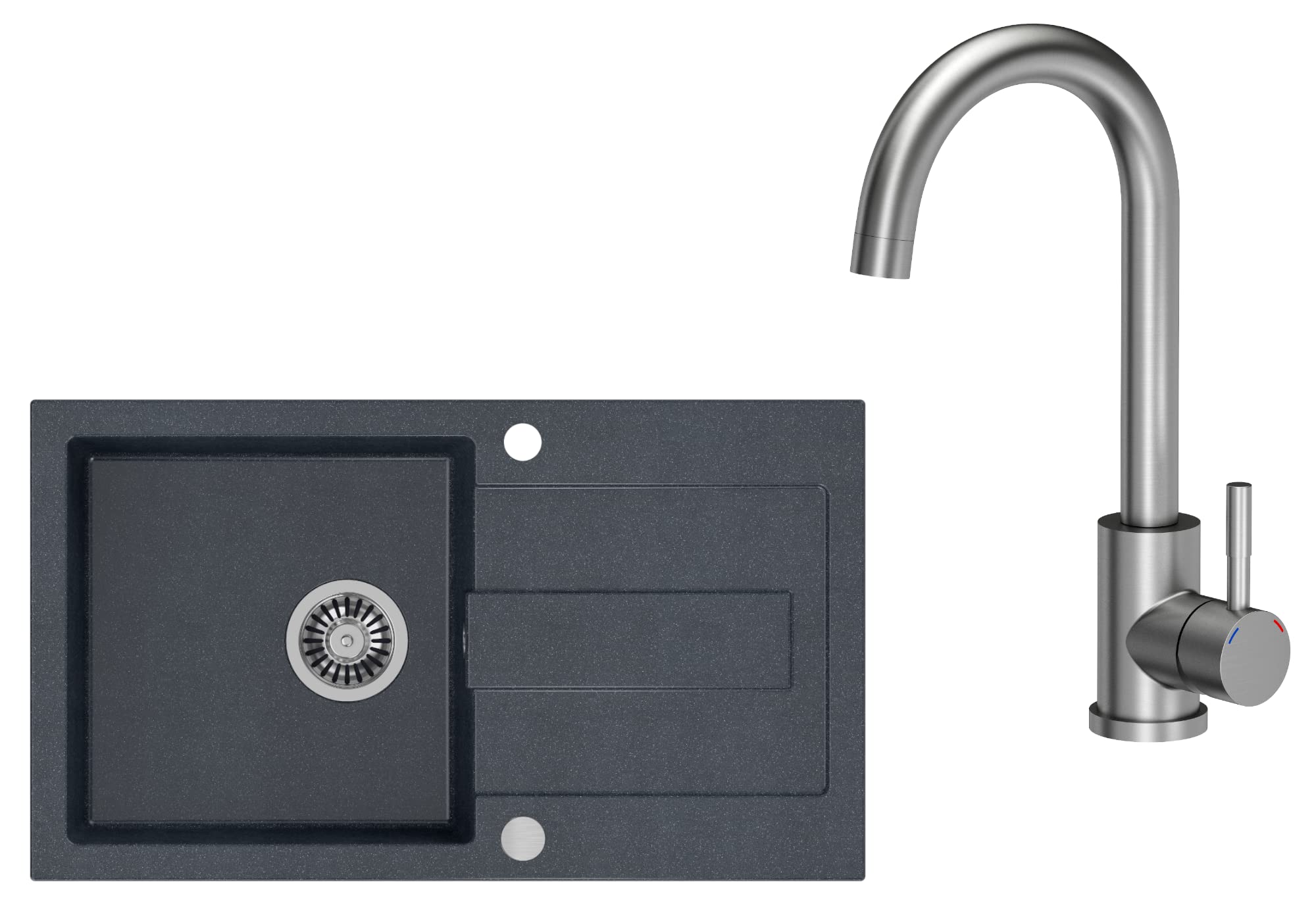 VBChome Fregadero negro con grifo, 78 x 45 cm, granito, fregadero empotrado, fregadero, reversible y sifón, lavabo