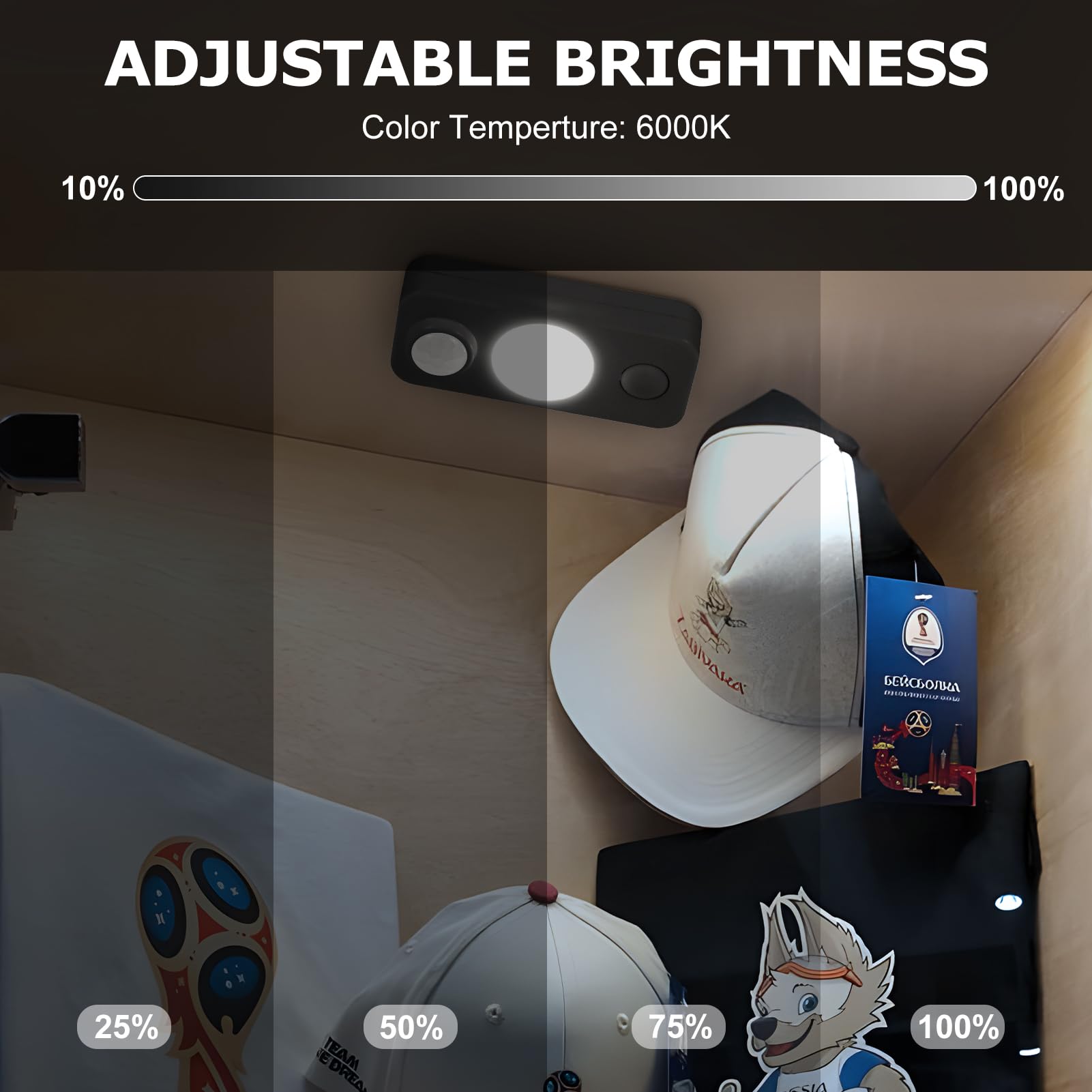 NIEGNOWOO Luci LED con sensore di movimento, luci ricaricabili per armadietto, luce notturna a LED senza fili per armadio, cassetto, mensola, sotto l'armadio, luce diurna, confezione da 6, cavo di