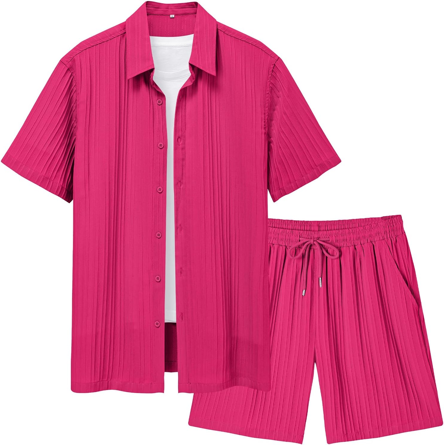 LecGee Men's 2 Piece Vertical Striped Textured Outfits Summer Casual Button Down Shirts and Shorts Matching Sets