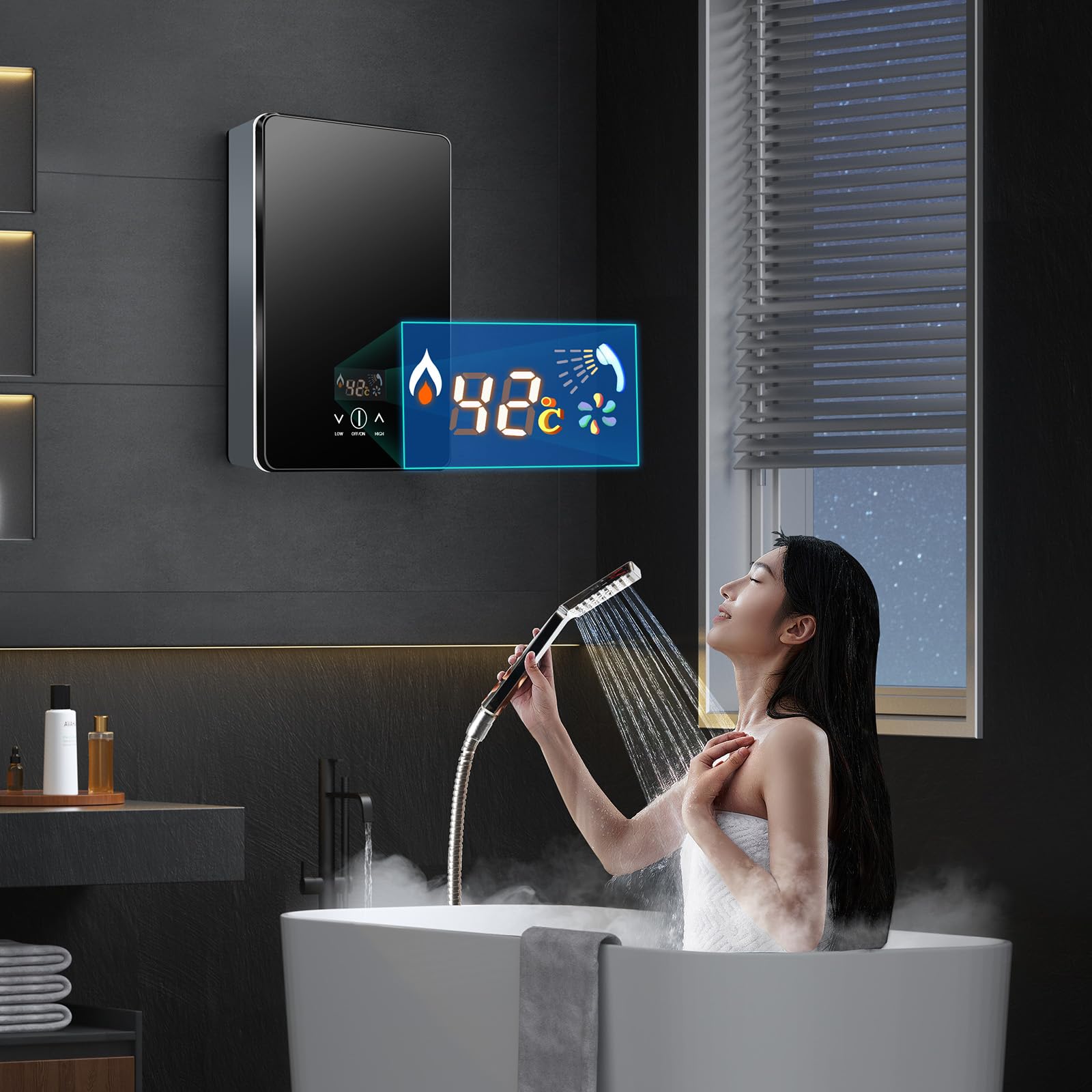 Durchlauferhitzer 5500W Elektrisch - 220V, Sofort Warmwasser 30-55°C, Mit LED-Display, FI-Schutz, Für Bad/Küche (steckerfertig)