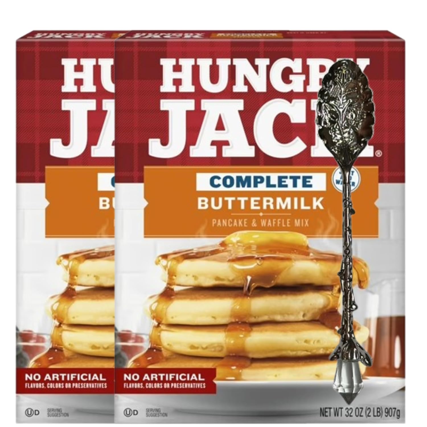 Hungry Jack Complete Buttermilk Pancake and Waffle Mix – Two 32 oz Boxes (4 lbs Total) – Includes Candy Freezer Gem Spoon – No Artificial Flavors or Colors - Gem Spoon