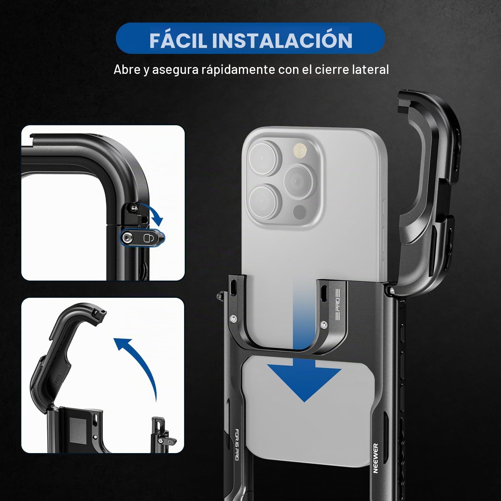 NEEWER 16 Pro Cage, estabilizador Video de teléfono Compatible con iPhone 16 Pro con Adaptador Filtro 67mm, Backplate de Lente 17 mm, Adaptador Objetivo de Montura T Compatible con Moment, PA073