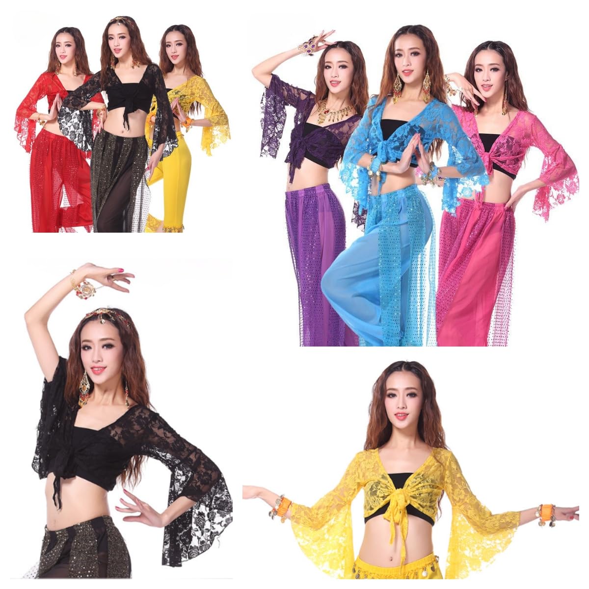 Top de danza del vientre para mujer, top envolvente manga 3/4 acampanada, corto con chal floral y nudo
