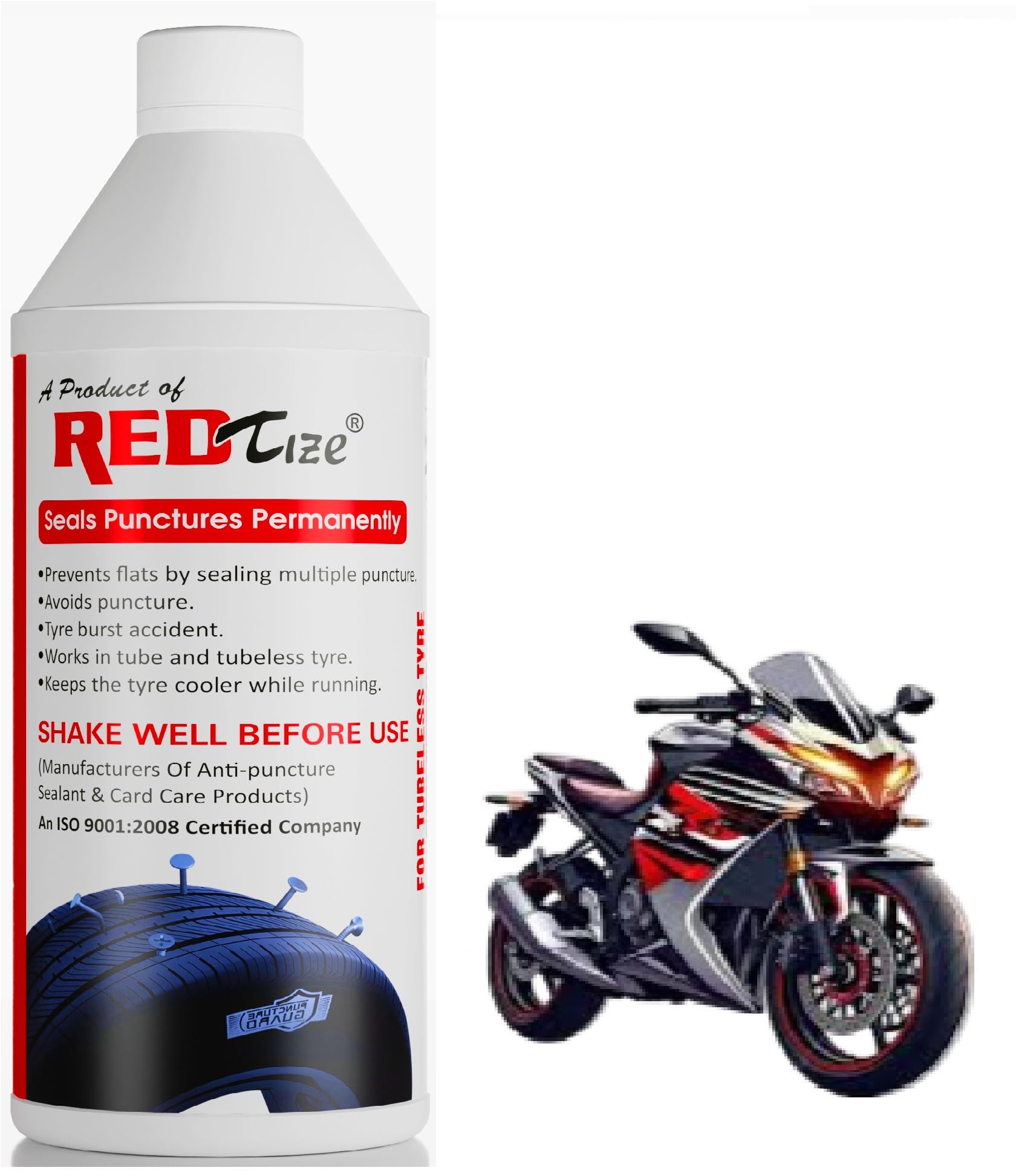 REDTIZE Advance Pro Permanent Tyre Puncture Sealant, Anti-Puncture Protection for Tube and Tubeless Motorcycle Tyres, Prevents Flats and Tyre Bursts